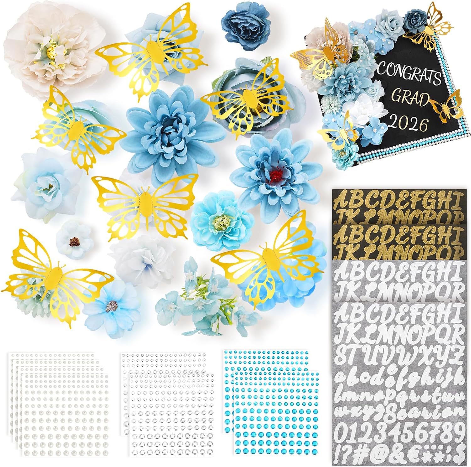 JarThenaAMCS 2026 Graduation Cap Decoration Kits Faux Assorted Flowers 3D Butterfly Stickers Pearl Rhinestone Alphabet Letter Number Decals for Congrats Grad Cap Topper DIY Party Supplies,Pink Purple