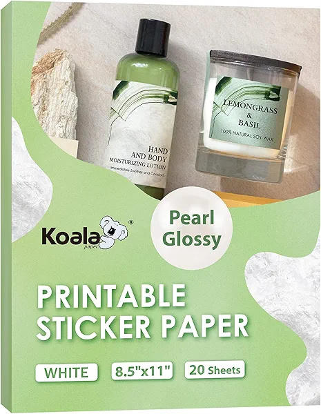 Koala Pearl Glossy Sticker Paper for Inkjet and Laser Printer, 20 Sheets 8.5x11 Inch Printable Pearly Gloss Photo Sticker Paper for Wedding Birthday Party