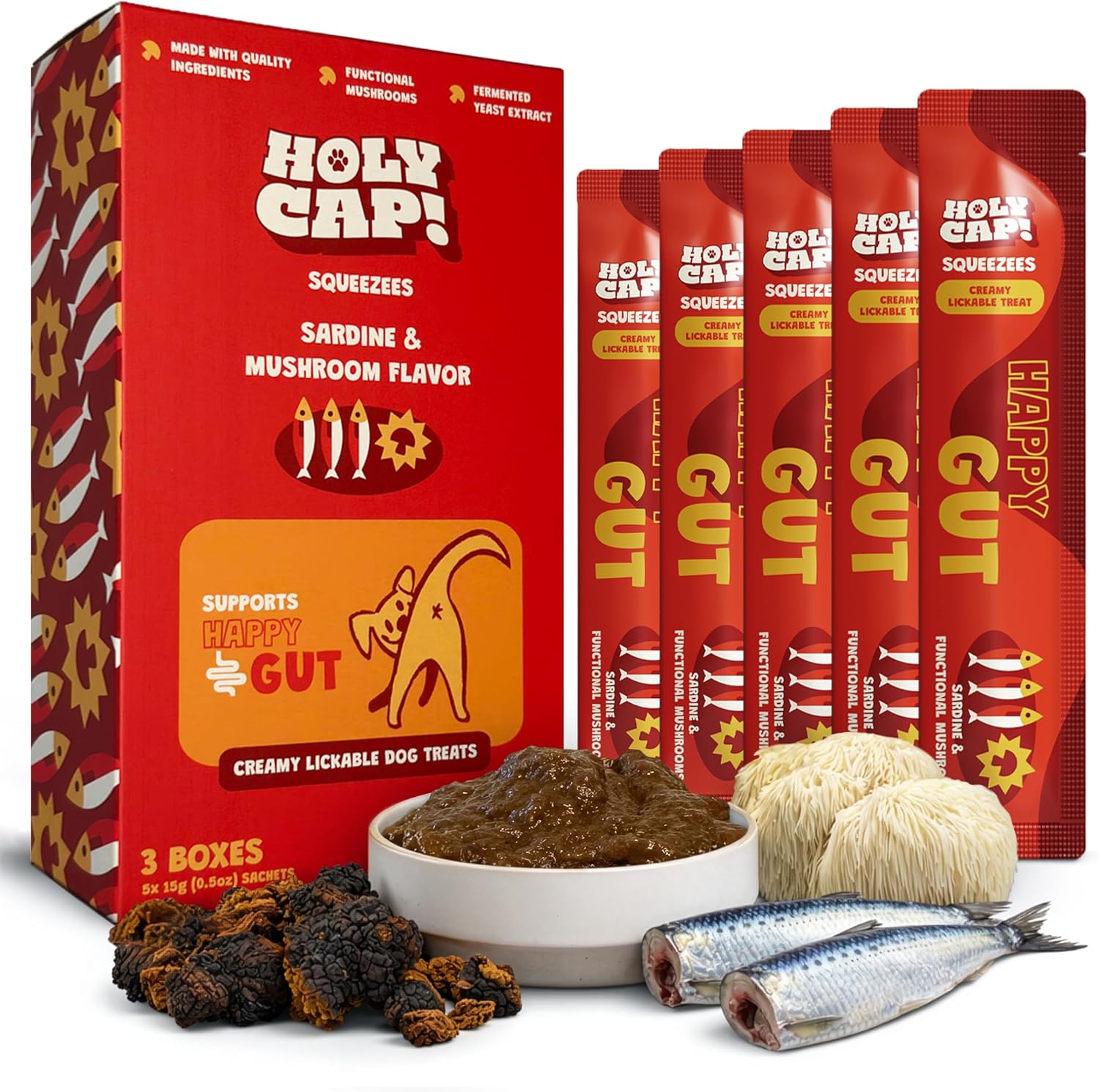 Happy Gut Grain-Free Lickable Dog Treats, 15 Squeezable Purée Tubes (0.5 oz Each), Sardine & Pumpkin Flavor, Creamy Dog Purée with Clean Ingredients, Hand-Fed Treat or Meal Topper