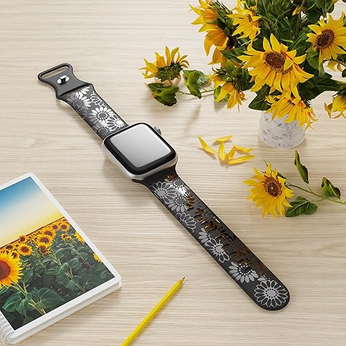 Miniatura 5 de Correa de silicona grabada de girasol compatible con Apple Watch Band de 1.496 in 1.575 in 1.614 in 1.654 in 1.732 in 1.772 in 1.929 in correa de