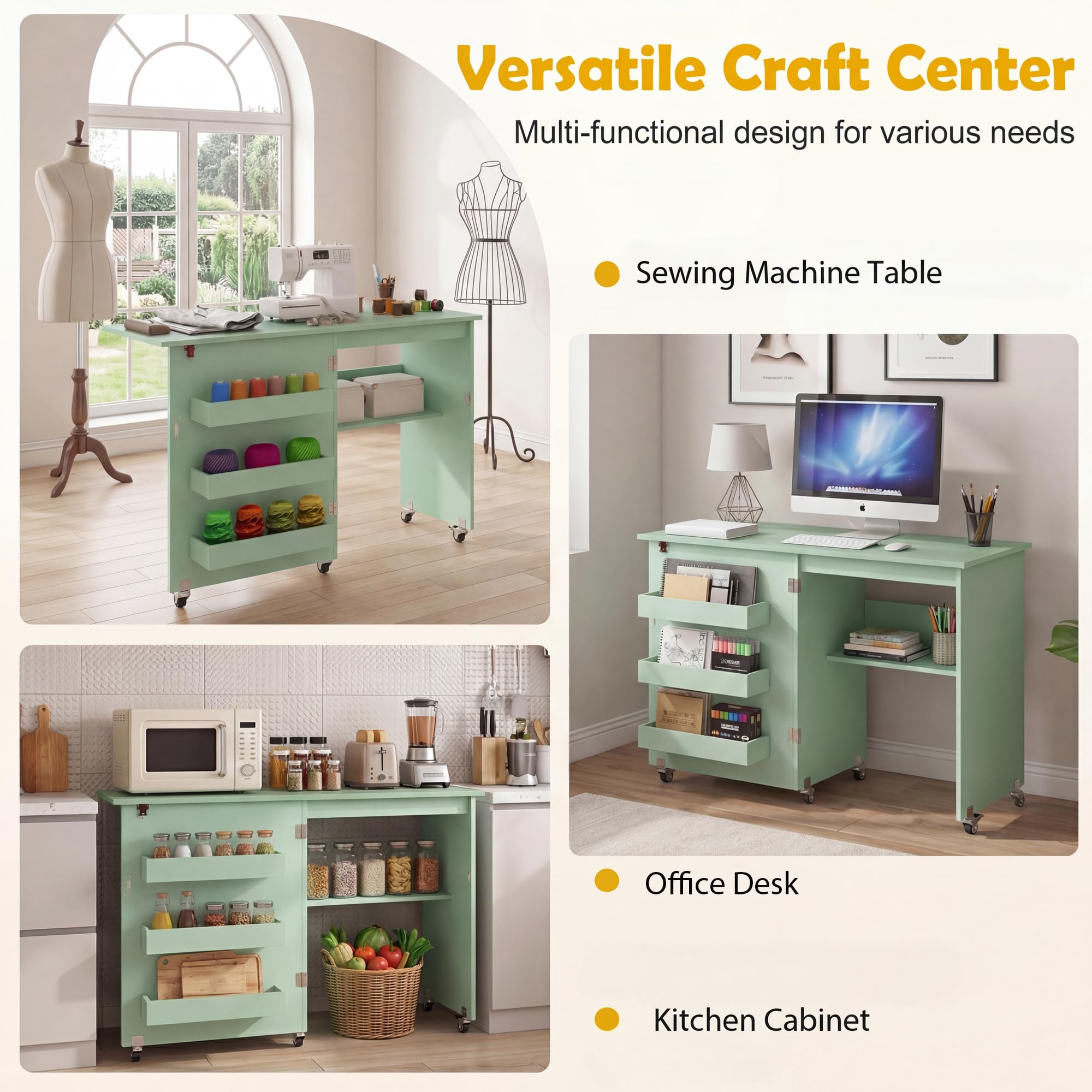 KOMFOTTEU Table Couture Pliable &, 3 Bacs cachés, Vert