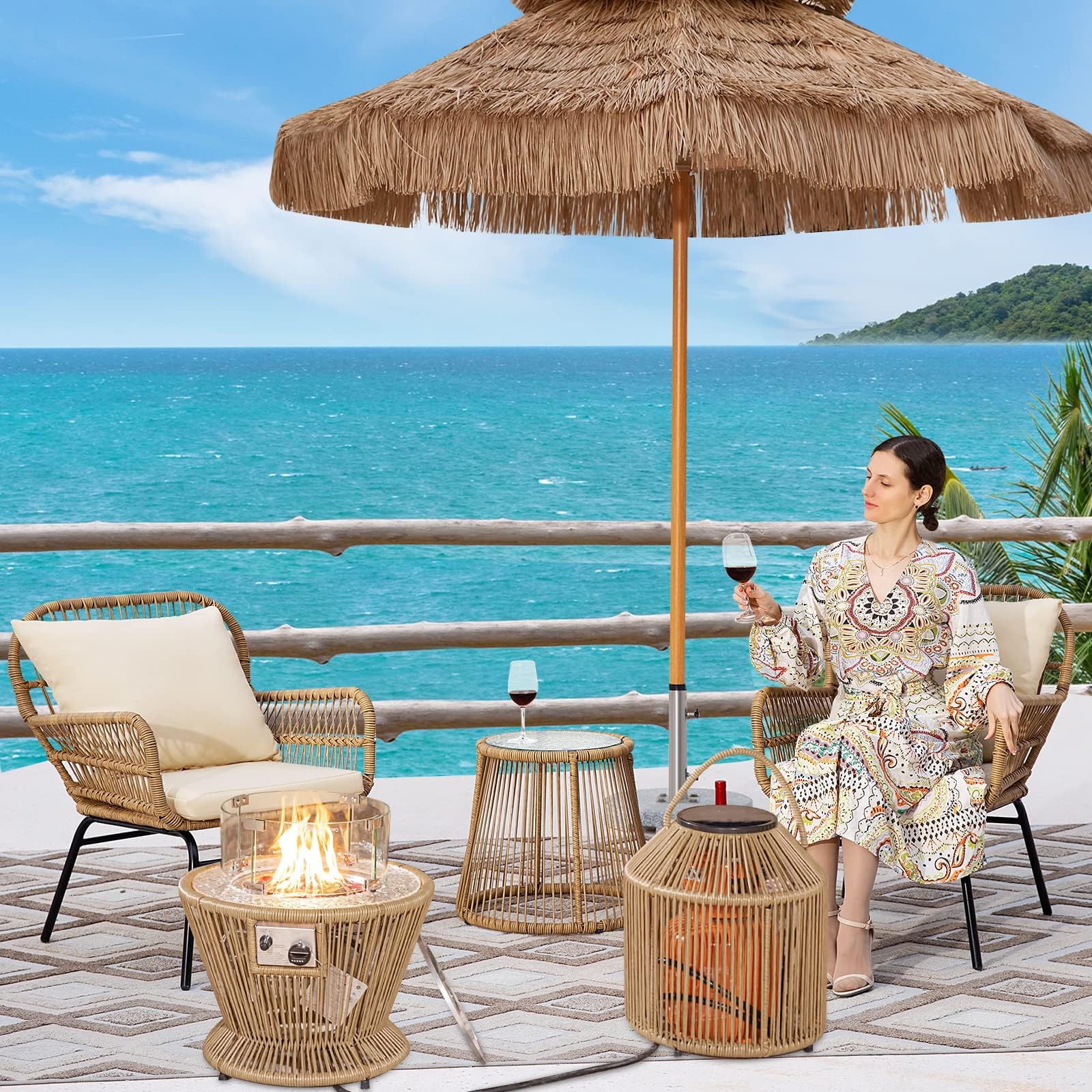 BULEXYARD 5 Piece Boho Patio Bistro Outdoor Furniture Sets with Round Propane Fire Pit Table, Wicker Porch Sofa Chairs Sectional Patio Conversation Set w/Glass Top Coffee Table (Natural)