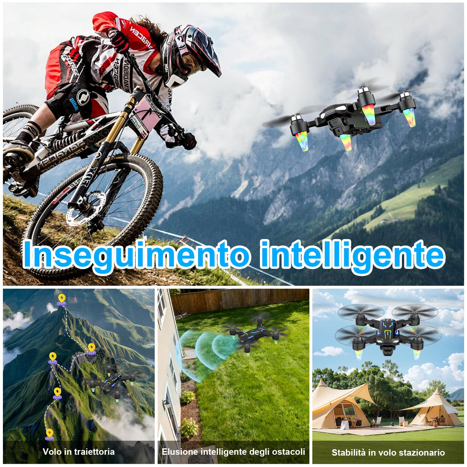 Drone Pieghevole con Telecamera 4K, GuKKK Brushless Motore Droni con 2 Telecamere, Quadcopter RC FPV WiFi Fotocamera Evitamento Attivo Degli Ostacoli, Altitude Hold, 2 Batterie, per Principianti