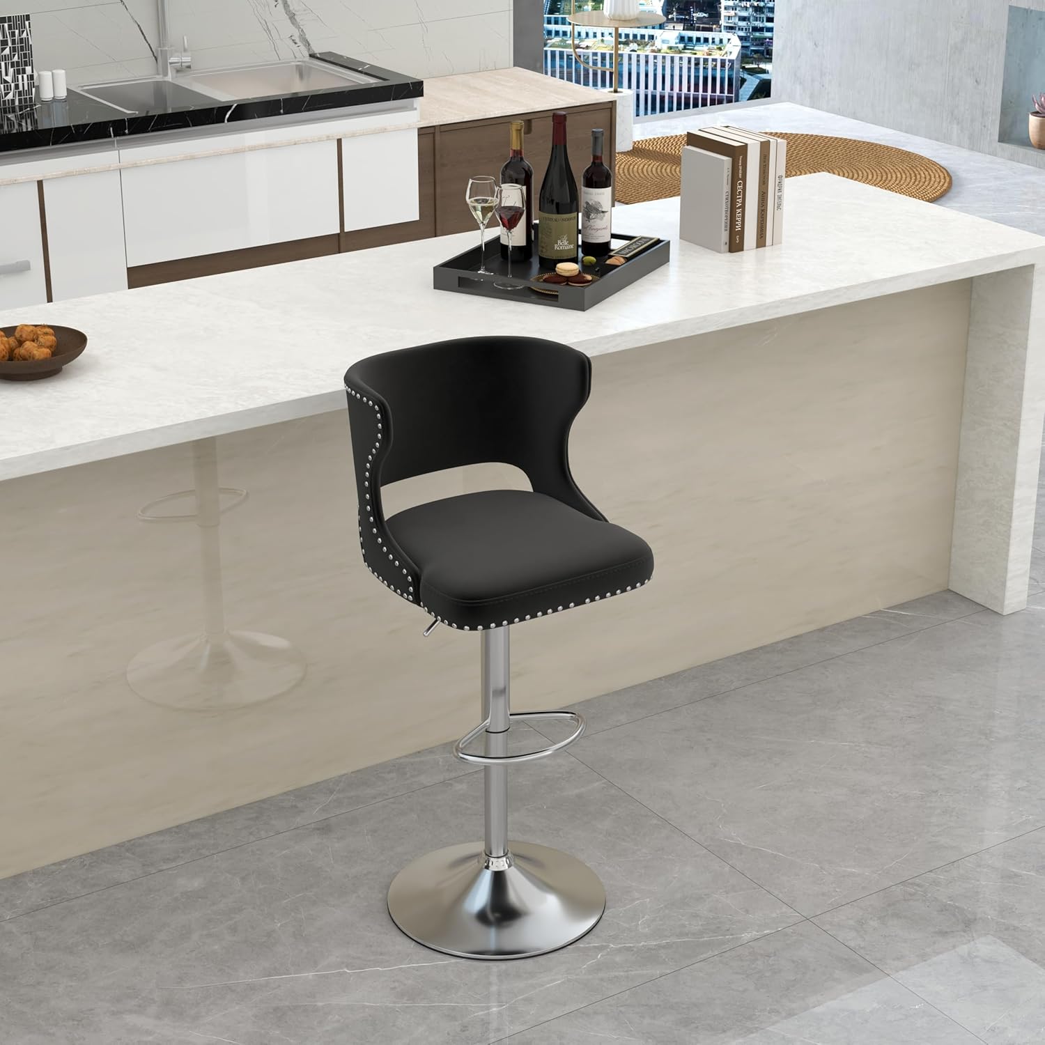 ABET Bar Stools Set of 2, Velvet Swivel Island Chairs, Adjustable Silver Barstools with Hollow Back and Footrest, Upholstered Counter Height Stool Chairs for Kitchen Island Dining Room Home, Black
