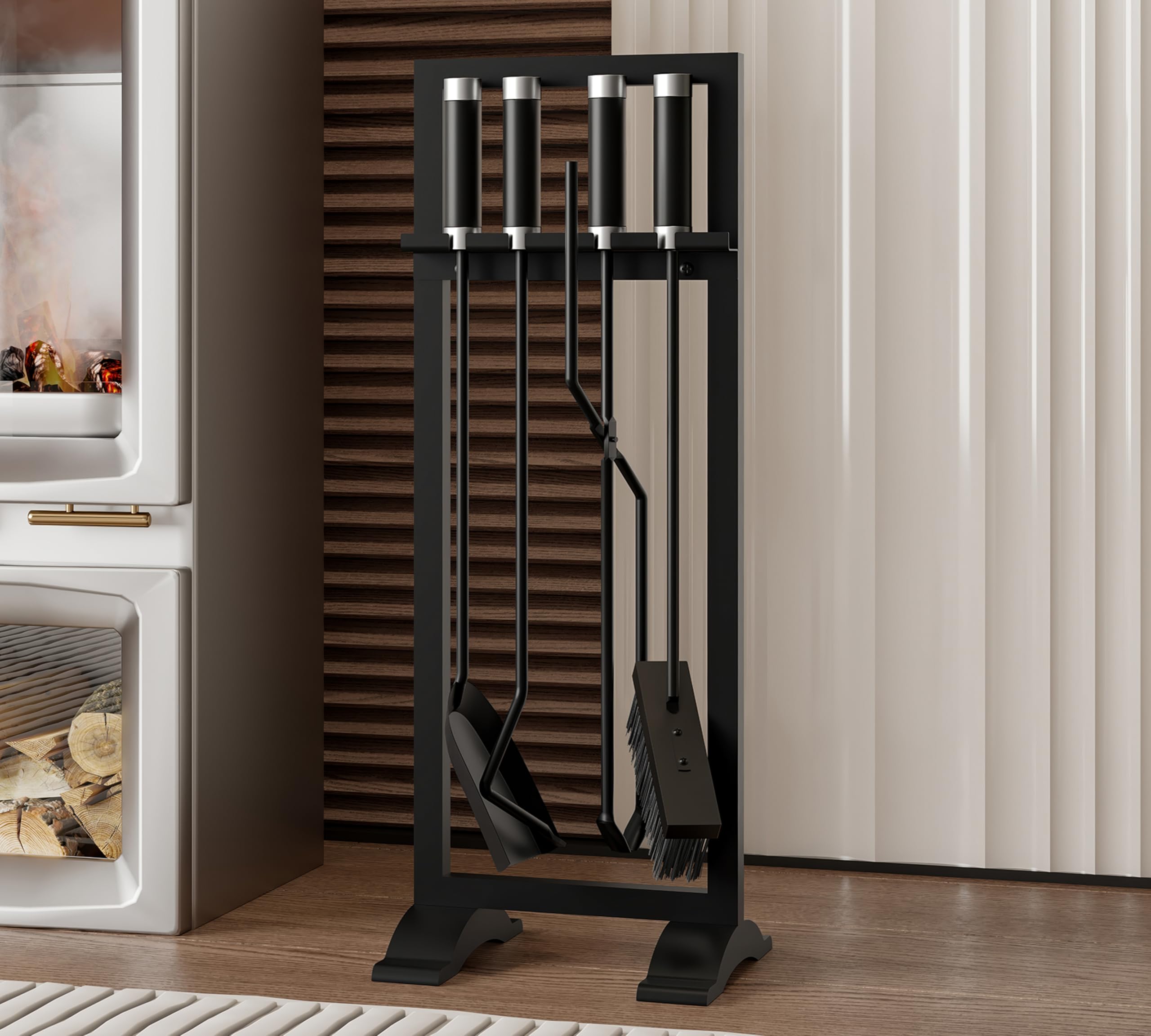 Kingson – Set di accessori per caminetto, 4 pezzi, include attizzatoio, pala, spazzola e pinze – 61 cm, attrezzi per focolare con manici in acciaio inossidabile e ferro – Supporto nero moderno