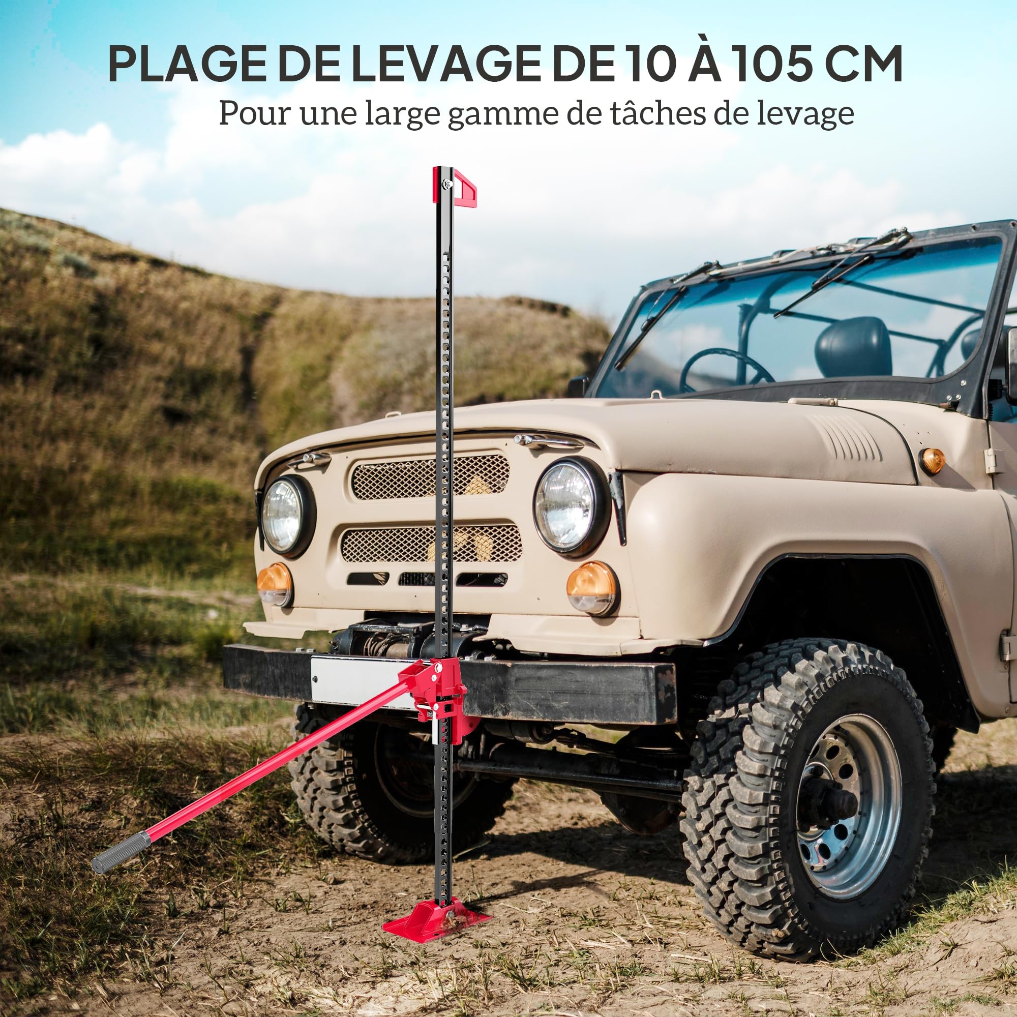 HOMCOM Cric Farm Jack Tout-Terrain ATV 4x4 Charge Max. 3000 kg Rouge | Hauteur de Levage 11-135 cm, Cric à Crémaillère, Dépannage Véhicule Embourbé, pour Voiture Camion SUV