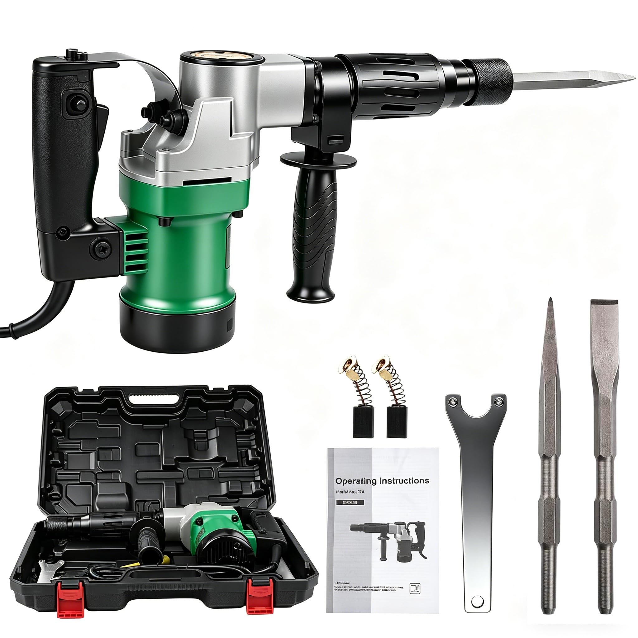Martello Demolitori Sds-Plus 1400W 30J, 3 In 1 Set Martello Demolitori Elettrico Pesante, con Scalpello A Punta E Piatto, per Rottura E Demolizione di Piastrelle da Pavimento E Muro In Cemento