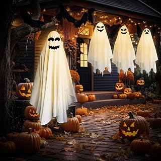 Reofrey 4 Pack Light Up Halloween Hanging Ghosts Decor - Spooky Ghosts Pumpkin with Lantern Faces Decals with Colorful Lights for Halloween Party Decoration/Yard/Garden/Pub/Living Room/Indoor/Outdoor
