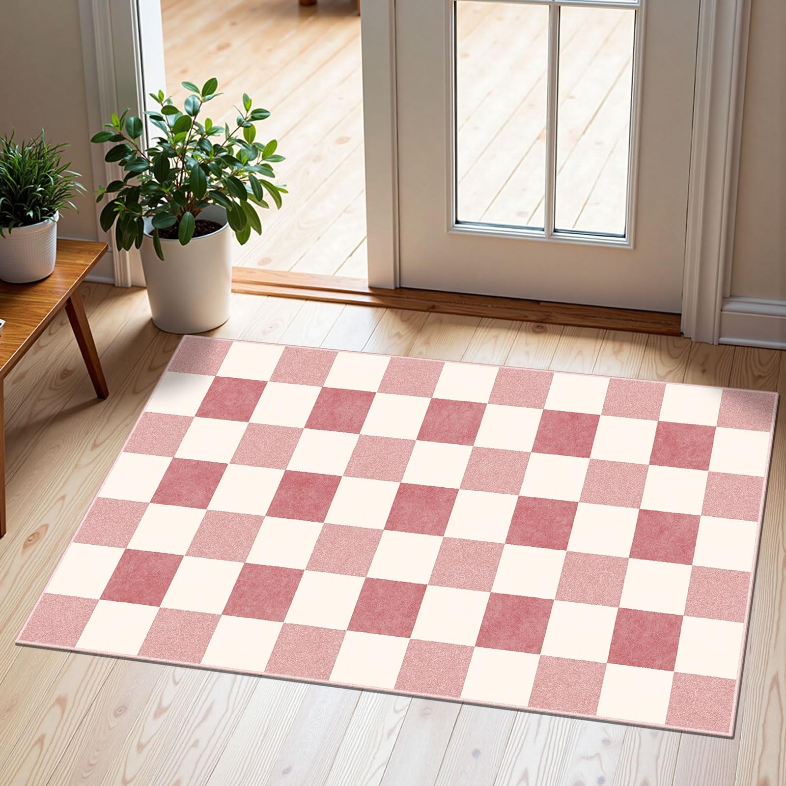 Othilic Front Door Mat Outside Entrance - 2x3 Cute Pink White Checkered Rug — image 1