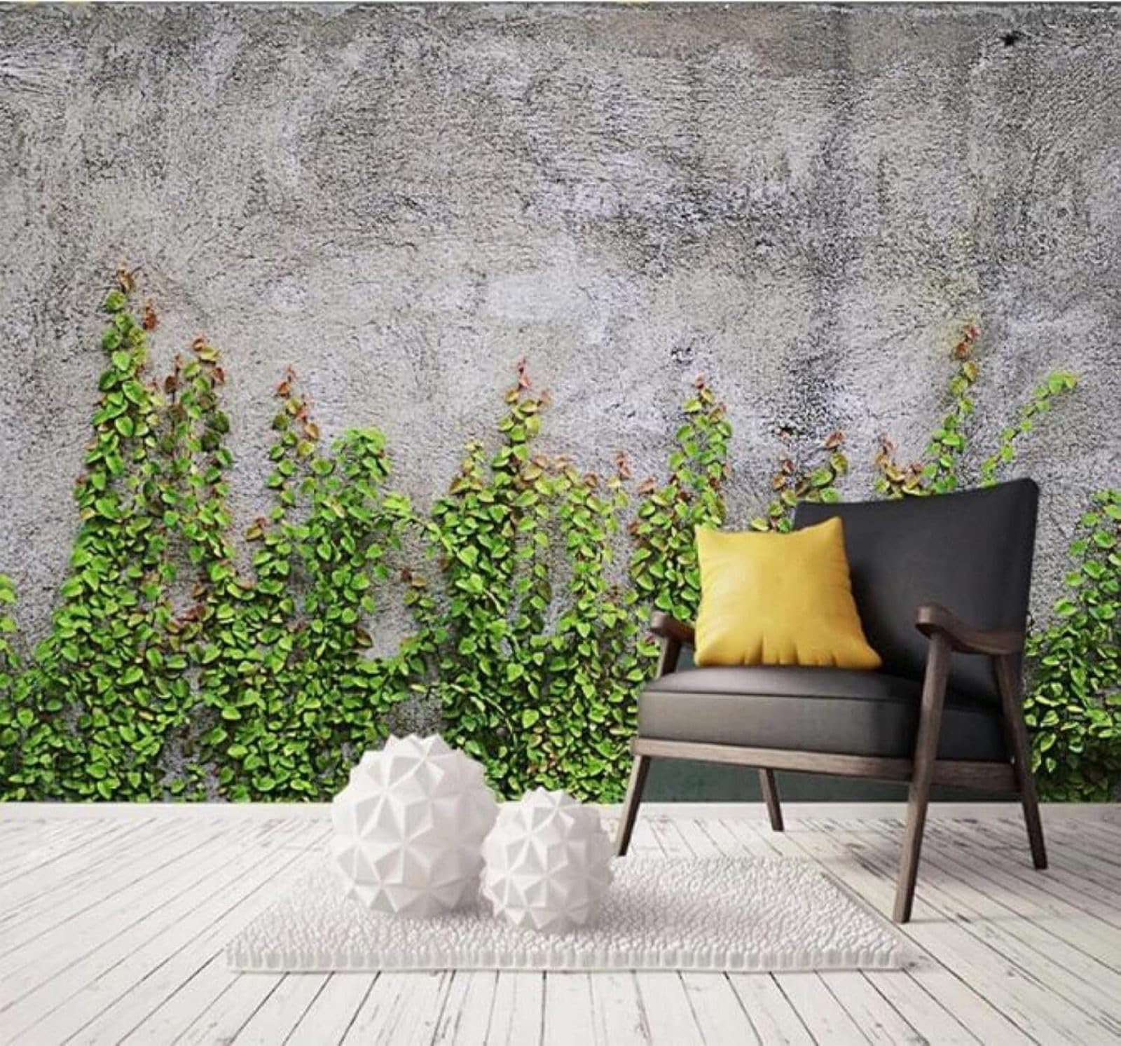 Xlming 400Cm×280Cm(B×H) Creative Green Leaves Vines Grey Concrete Wall 3D Wallpaper Luxury Silk Study Dining Feature Sofa Grey Bedroom Living Room Tv Decorative Wall-400Cm×280Cm