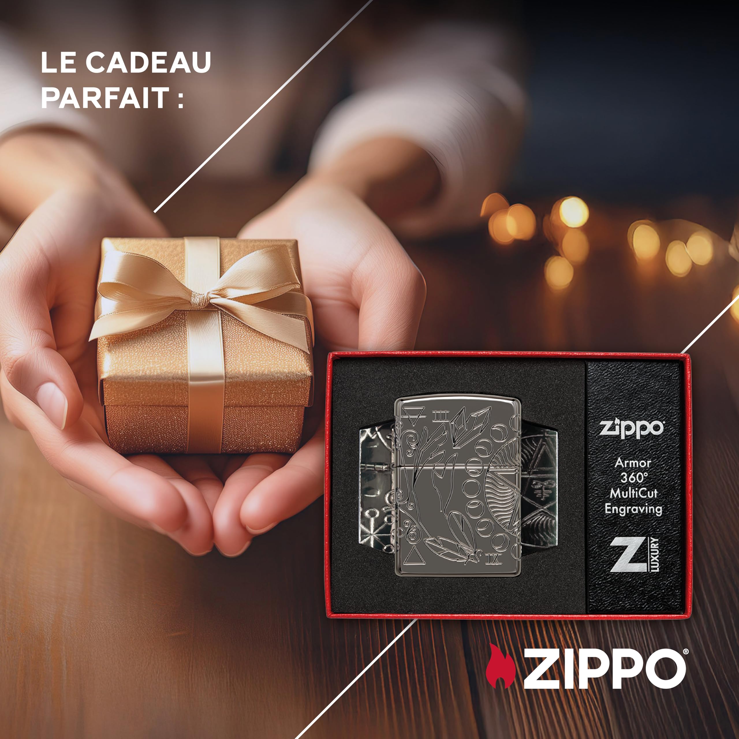 Zippo Briquet Tempête - Design Wicca, Multi Cut - Finition Armor Noir Poli Brillant - Rechargeable - Réutilisable - Design Coupe-Vent - Coffret Cadeau Fabriqué aux États-Unis