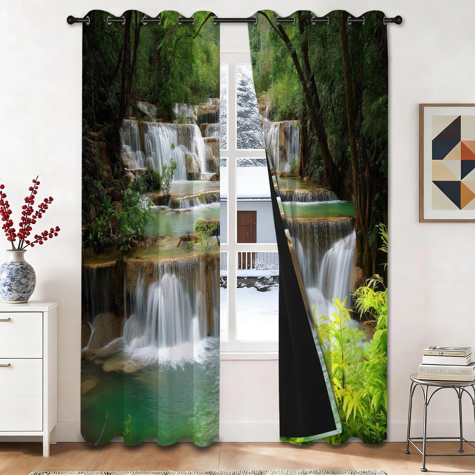 Rideau occultant paysage de cascade en polyester doux pour salon et chambre - Lot de 2