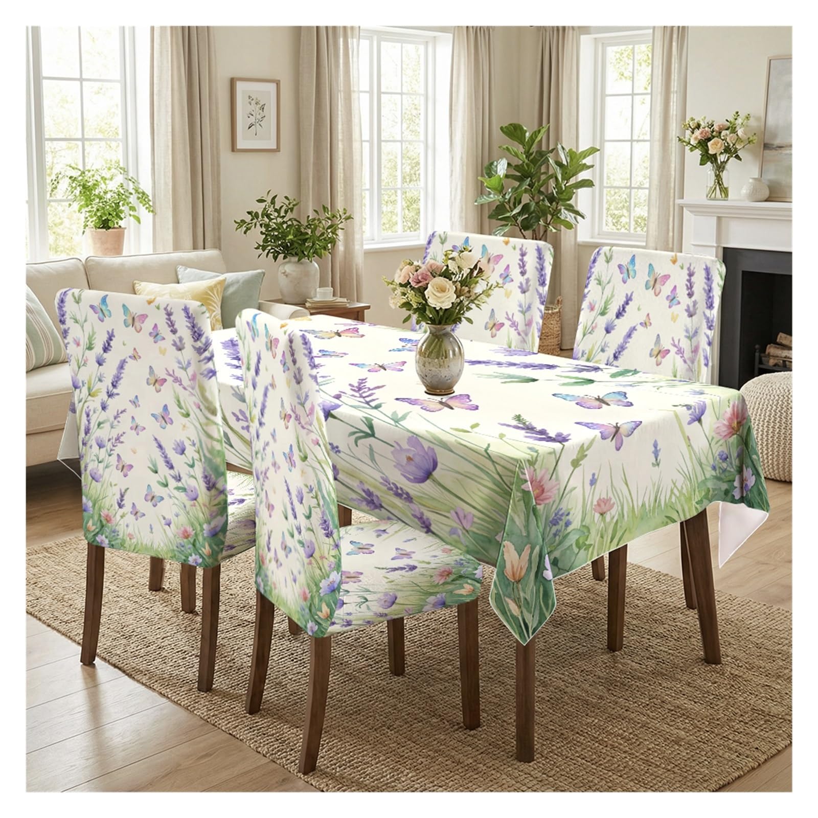 BOSUYBN Watercolor Lavender & Colorful Butterfly Floral Print Dining Tablecloth & Chair Covers Set, 5/7 Piece Spring Pastel Cottage Dining Decor Table Setting(5pcs Set: Tablecloth+Chair Covers)