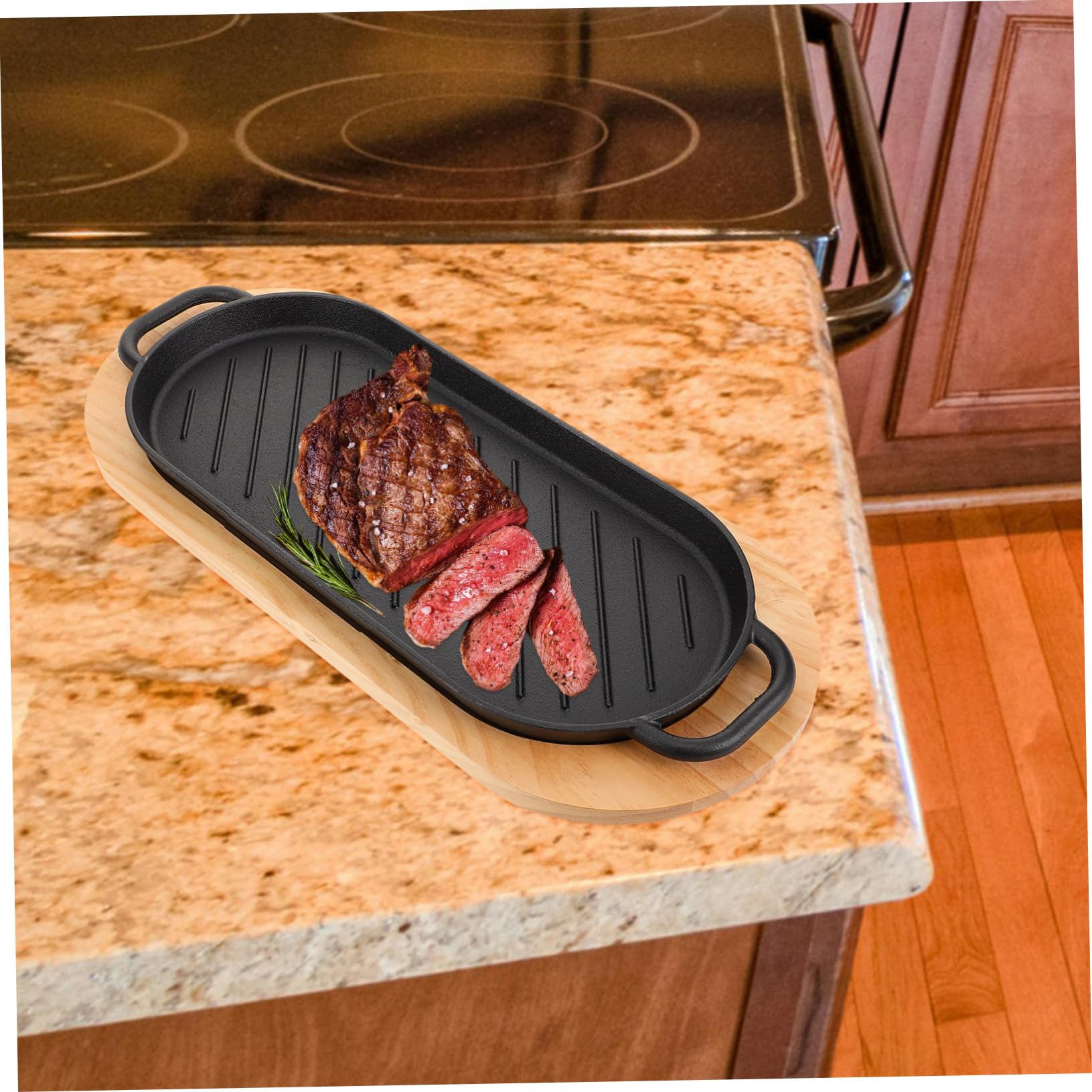 Piastra Bistecchiera in Ghisa Senza Sbavature, Facile da Pulire, per Barbecue e Uso Quotidiano, Set con Doppia Maniglia e Base in Legno