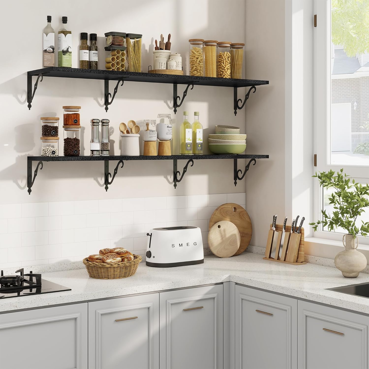 RICHFOCUS 12 Inch Deep Floating Shelves for Wall, 55" W x 12" D Black Wood Wall Shelves Set of 2, Wide Floating Shelves for Living Room, Bedroom, Kitchen, Bathroom and Decor Storage, Black 55.1"W x 12"D Black