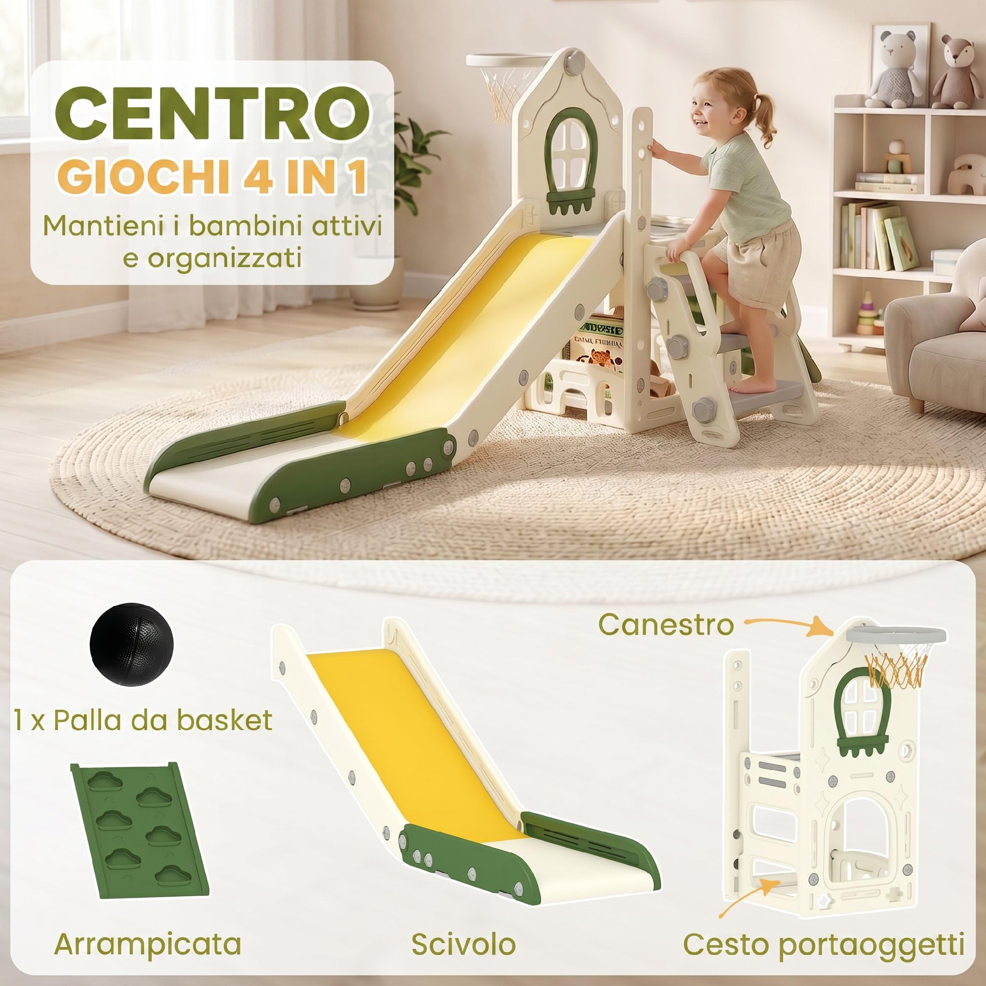 AIYAPLAY 4 in 1 Scivolo per Bambini 1-3 Anni in HDPE 191x100x84 cm Crema | Arrampicata, Canestro, Spazio Portaoggetti, Gradini Antiscivolo, Pallone, Carico Massimo 25kg