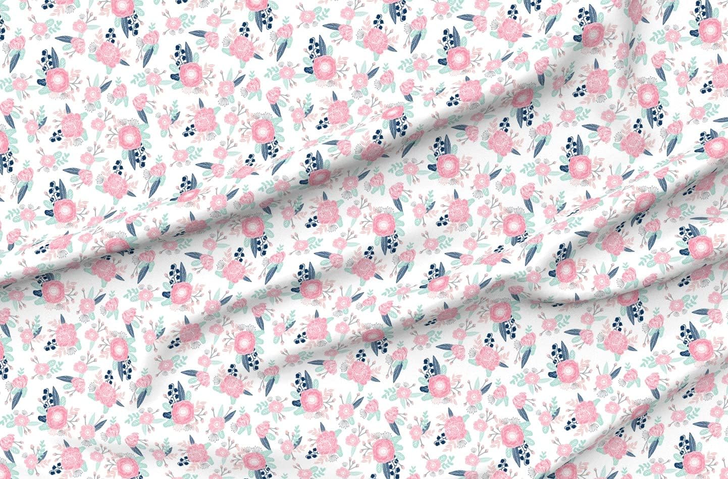 Spoonflower Fabric - Florals Pink Navy Mint Painted Blooms Floral Girls Girl Printed on Organic Cotton Sateen Fabric by The Yard - Sewing Quilting Apparel Home Decor