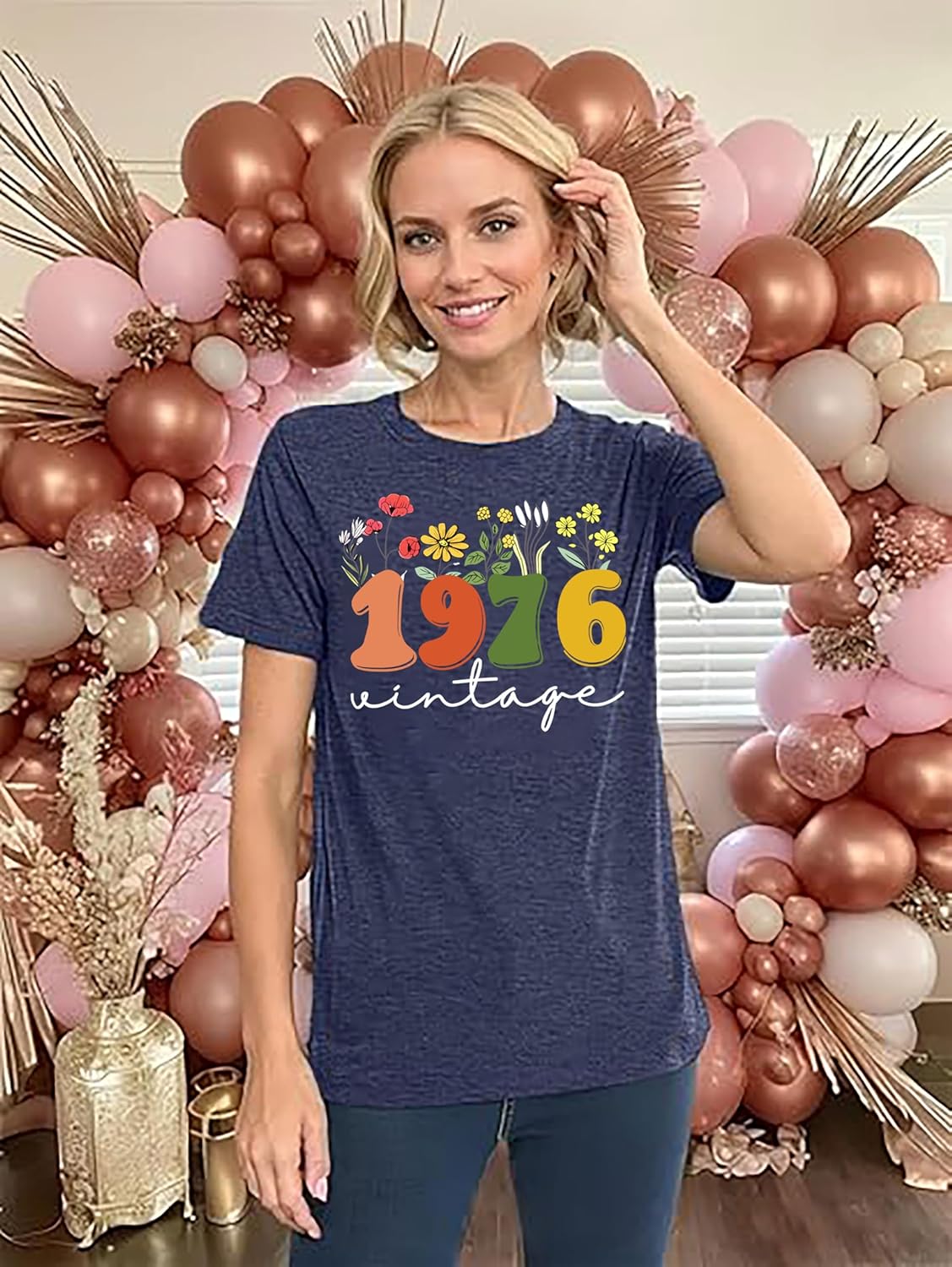 Women 50th Birthday Shirt Vintage 1976 Tshirt Fifty Bday Gift Casual Birthday Apparel Flower Graphic Short Sleeves Tee - Image 3