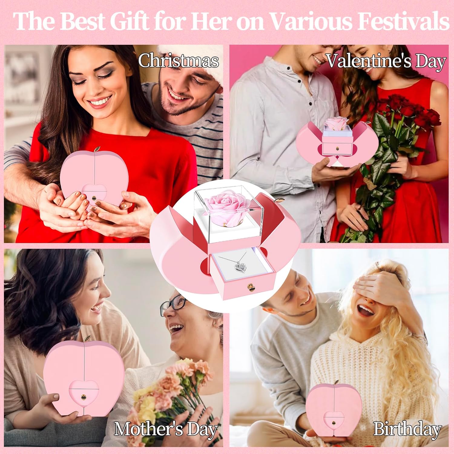 Preserved Real Pink Rose with S925 Sterling Silver Necklace, Gifts for Girlfriend, Women,Wife, Mom,Grandma on Christmas, Valentine's Day, Mother's Day, Birthday, Anniversary, Thanksgiving (Pink) - Image 7