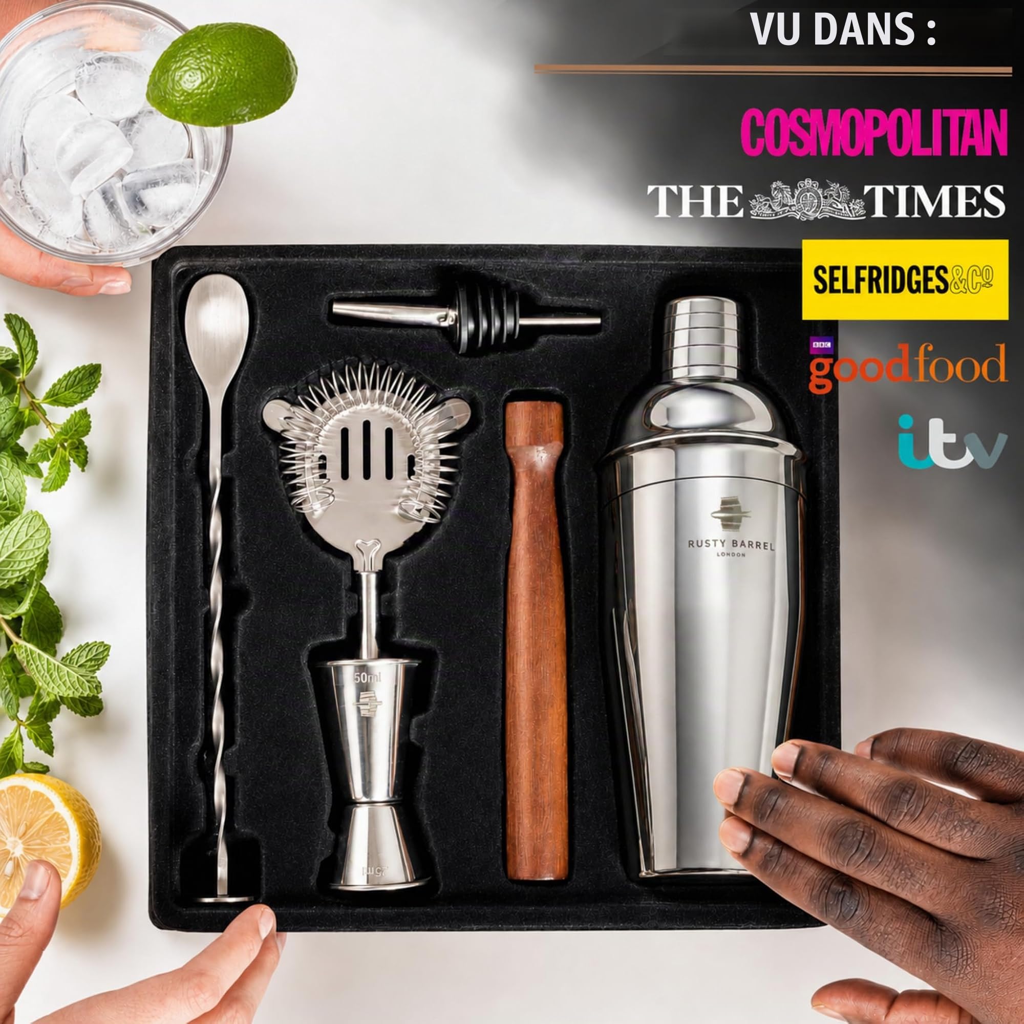 Coffret à Cocktail Mayfair — Kit Cocktail avec Shaker Cocktail en INOX de Style Manhattan | Cocktail Shaker Kit, Kit Barman, Cocktail Kit Complet | dans Une Boîte Cadeau Luxueuse