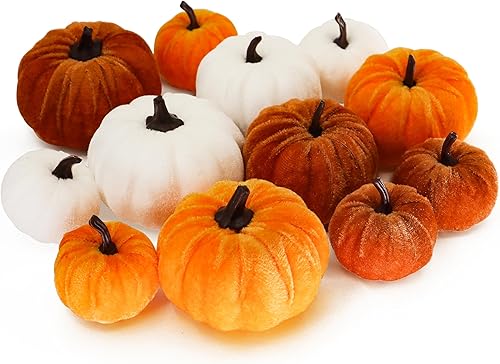 12 calabazas flocadas de imitación, perfectas para la cosecha de otoño, Halloween o centros de mesa de Acción de Gracias (12, dorado, blanco y rojo