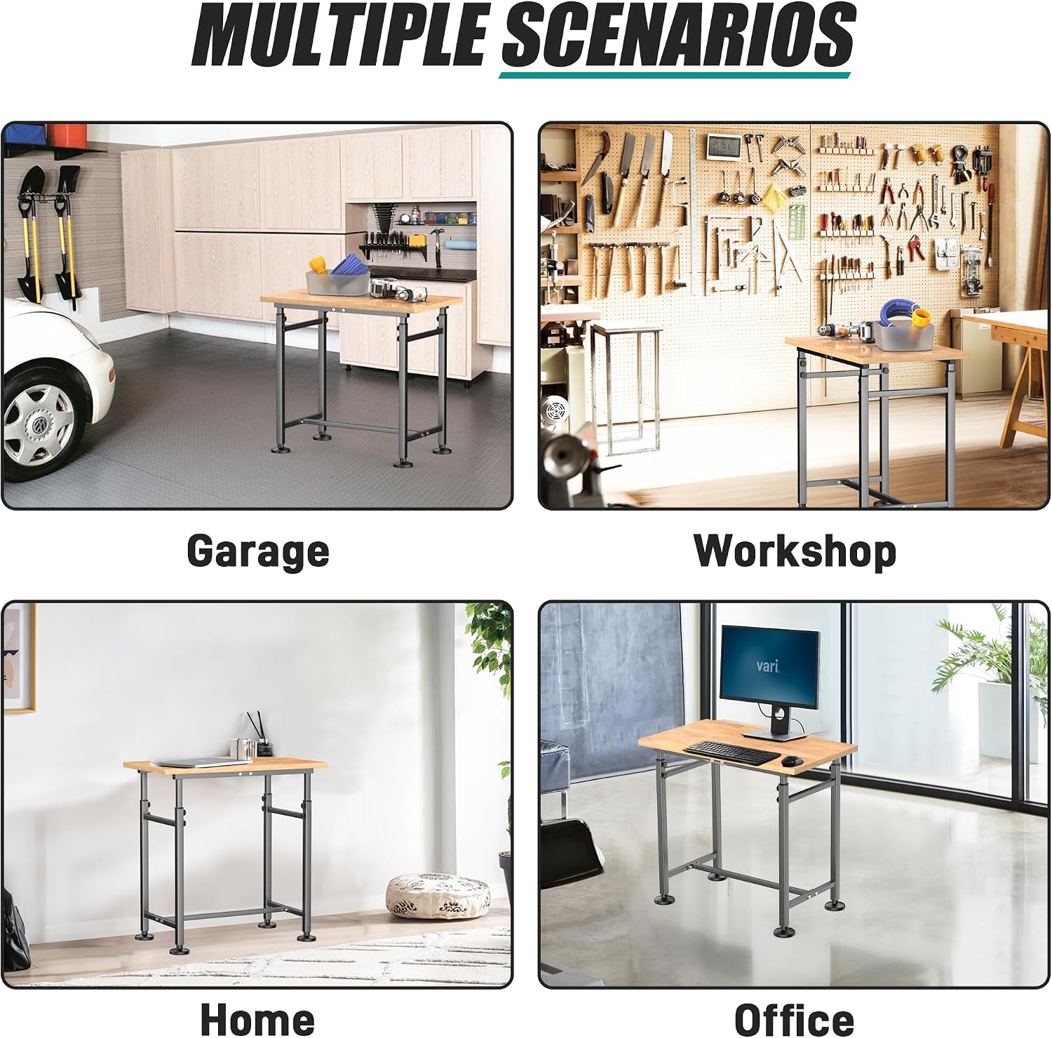 EVERHANGER Workbench for Garage, Adjustable Height Work Table, Heavy Duty Rubber Wood Top Workstation for Workshop, 32 x 18 Inch