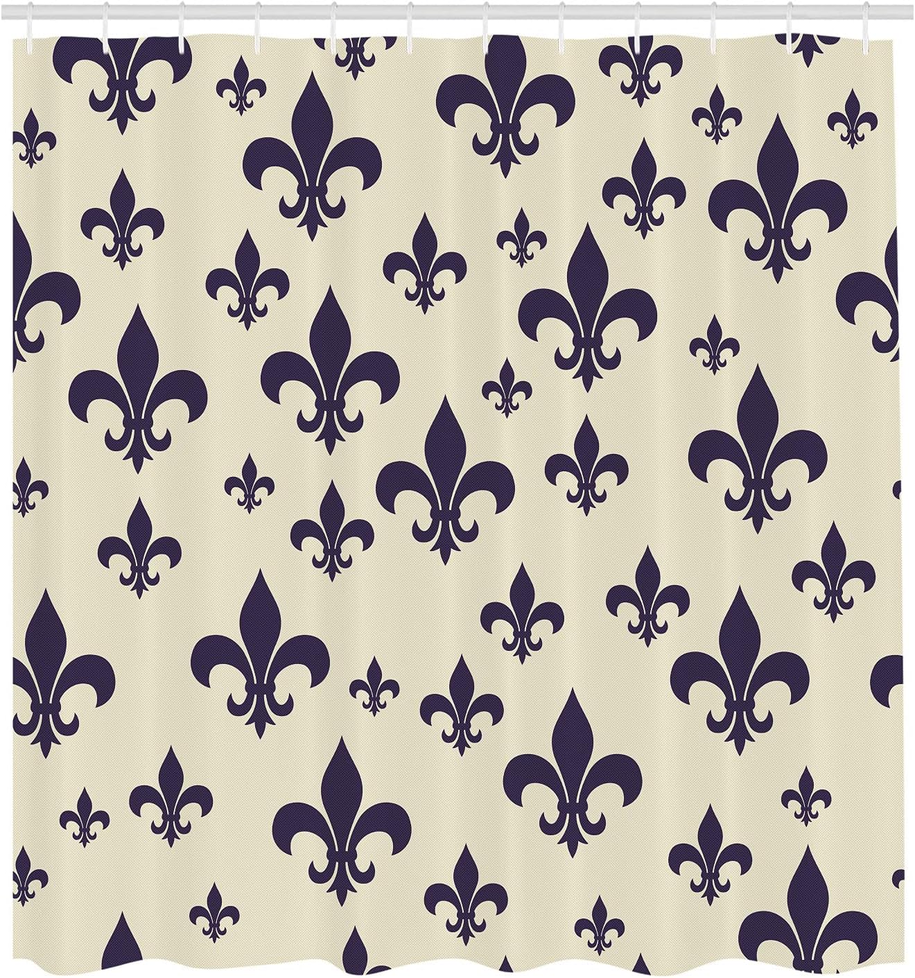 Ambesonne Art Deco Shower Curtain, Various Sized Classic Fleur de Lis Patterns Royal Retro Style Antique Design, Cloth Fabric Bathroom Decor Set with Hooks, 69" W x 84" L, Cream Indigo