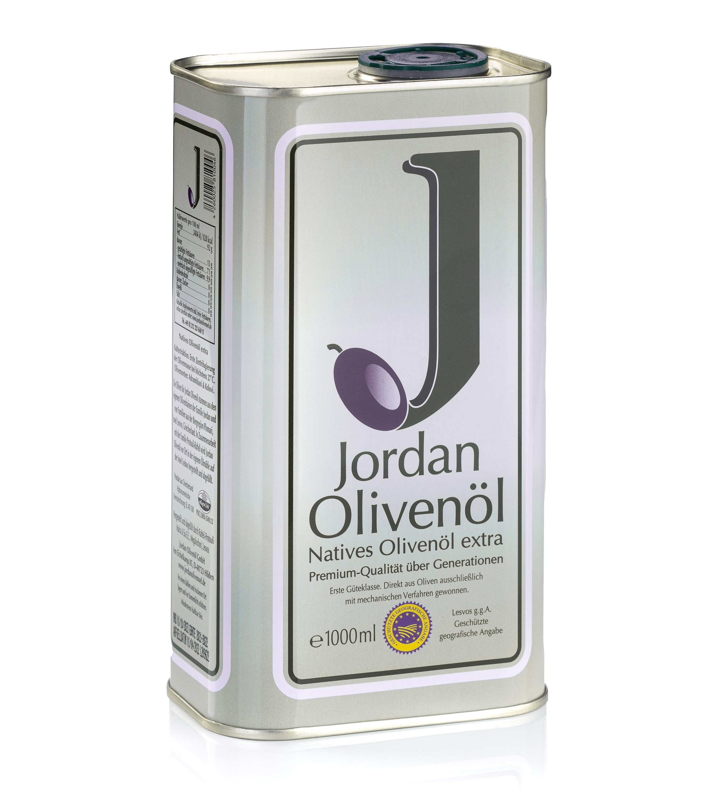 Jordan Olivenöl - Natives Olivenöl Extra von der griechischen Insel Lesbos-traditionelle Handernte -Kaltextraktion am Tag der Ernte -Kanister im traditionellen Retro-Design mit Ausgießer, 1Liter