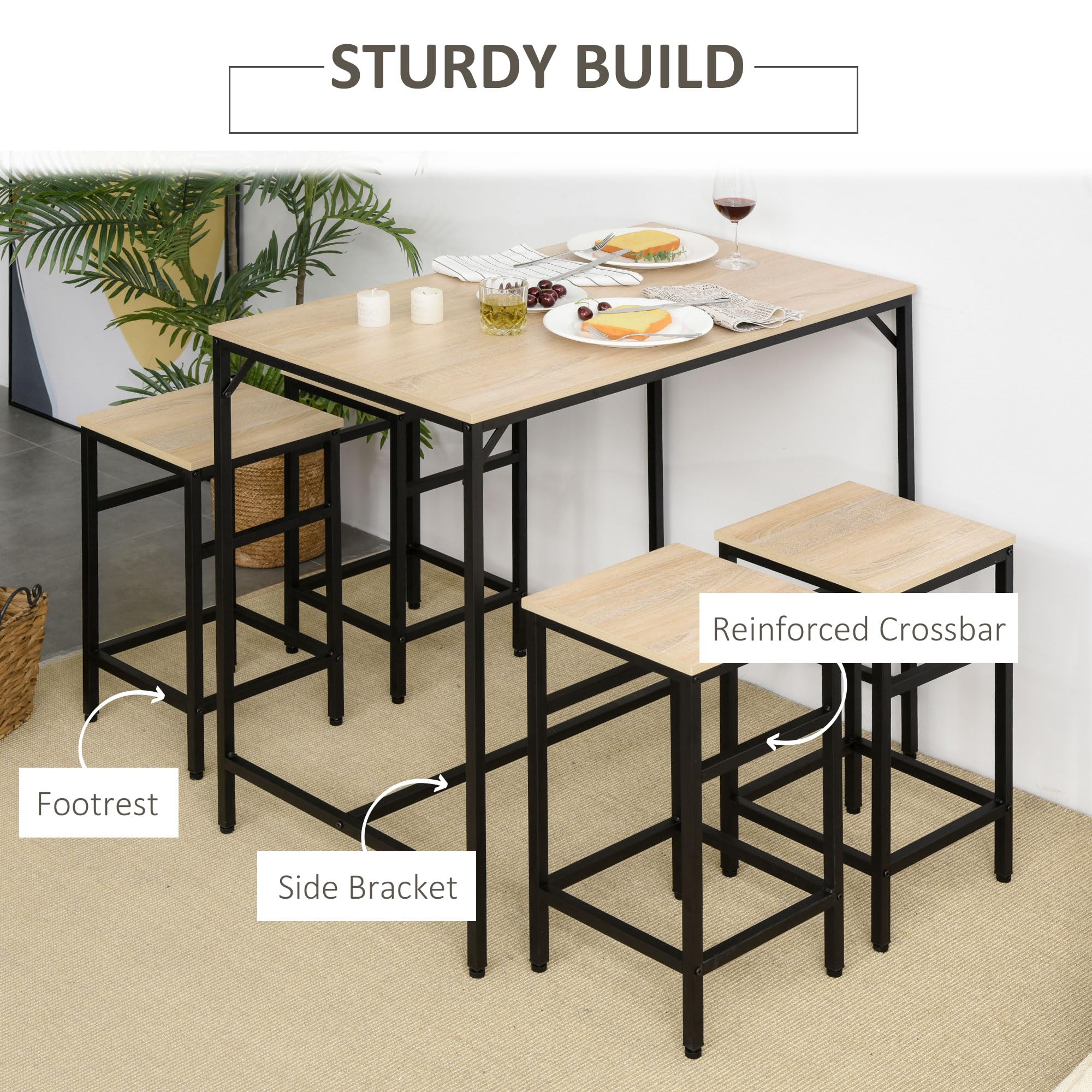 HOMCOM Bar Tisch und 4 Hocker Set 5 Stück mit Fußstützen Hohe Möbel Set mit Tisch 100x60x88 cm und Hocker 32x32x57 cm für Esszimmer Küche Schwarz & Eiche