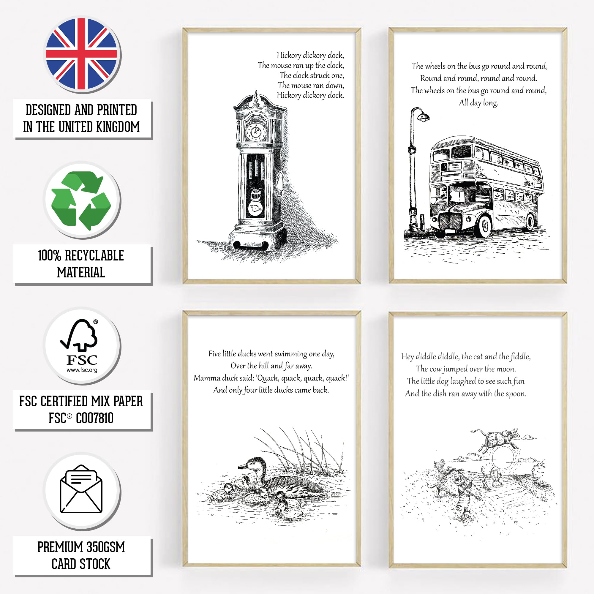 A&M Natural Living Nursery Prints Set Of 10 A4 Nursery Rhyme Prints Unframed in Black & White Baby Nursery Decor Pictures For Wall - Image 3