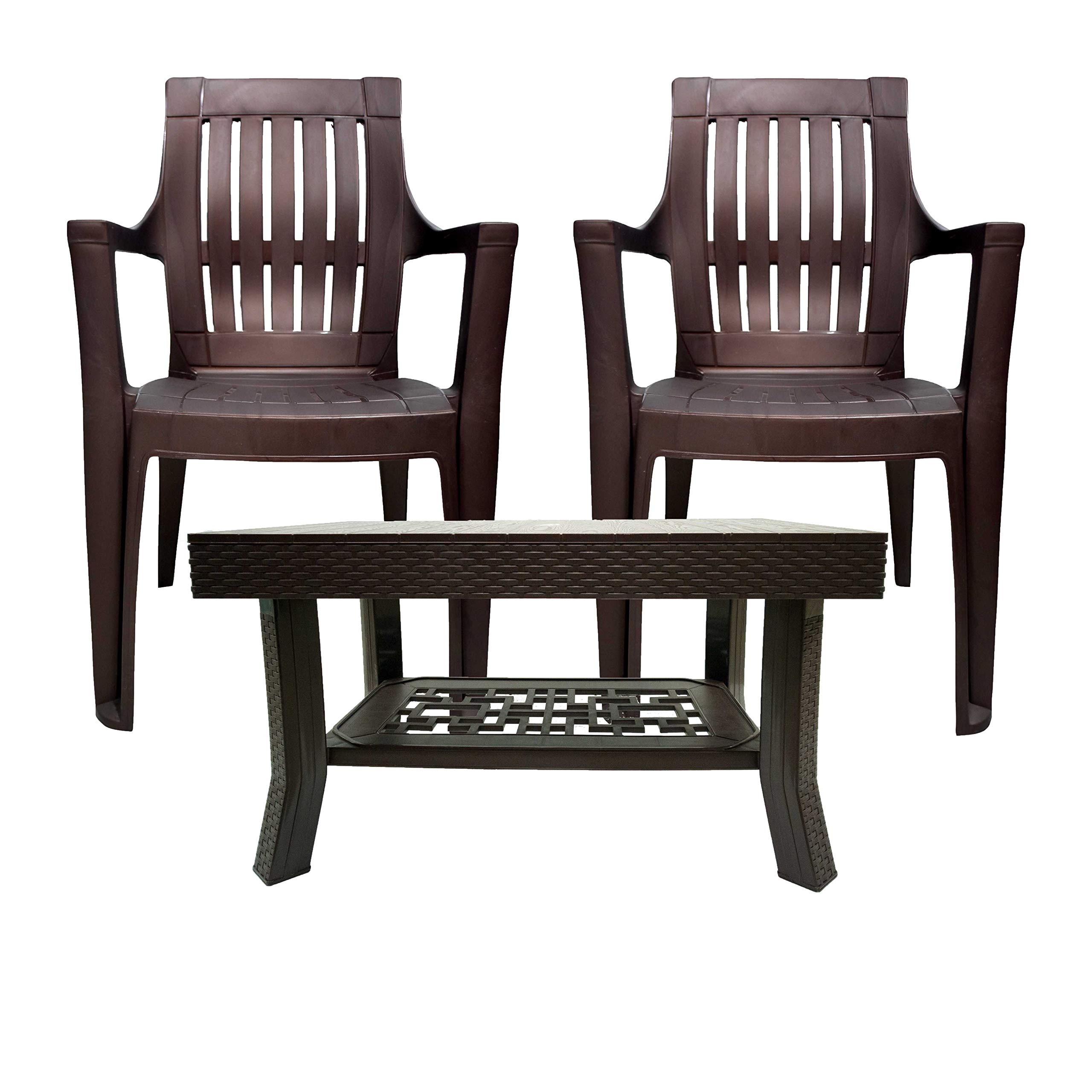 Easyday Pulse Set of 2 Plastic Chairs & 1 Vegas Centre Table Combo for Home, Garden & Living Room (Brown)