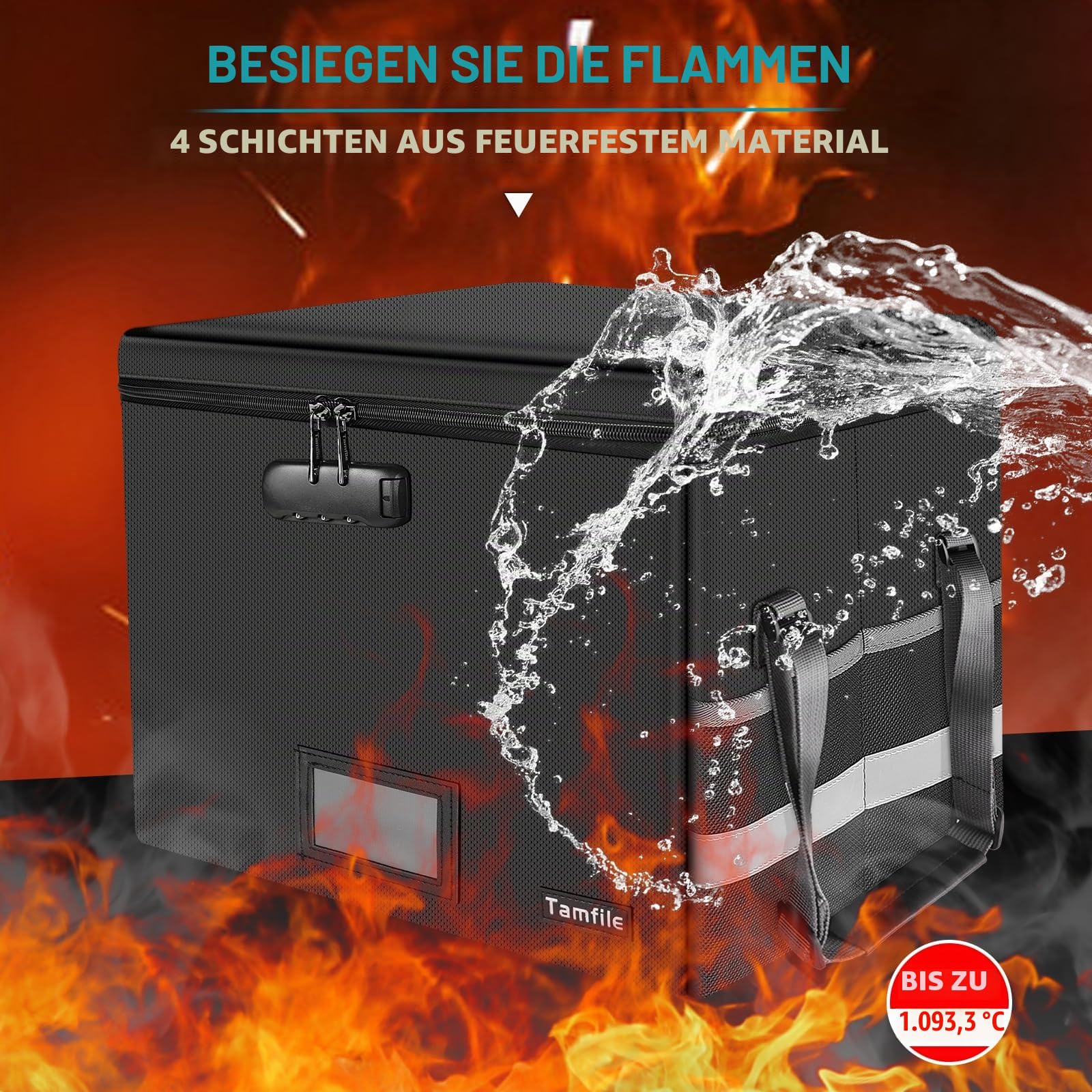 Tamfile Feuerfeste Dokumentenbox, Akten Organizer Box mit Schloss, Schwarz | Wasserfeste, Zusammenklappbare Dokumenten-Aufbewahrungsbox, Tragbare, Aktenbox zum Aufhängen, Für Briefen/Rechtsordnern, Büro