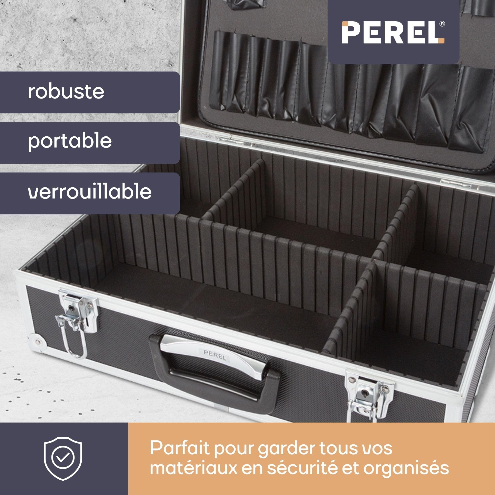 Perel Mallette à outils, panneau porte-outils, séparateurs amovibles, verrouillage par clé, 2 clés, aluminium, gris, 455 x 330 x 152 mm