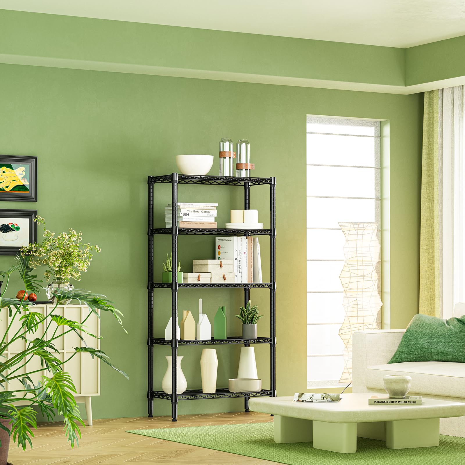 IZEUK 5-Tier Black Metal Storage Shelves, Heavy Duty Wire Shelving Unit for Home, Kitchen, Office, or Garage Organization, 1250 lbs Capacity, 13.8" D x 29.5" W x 59.5" H