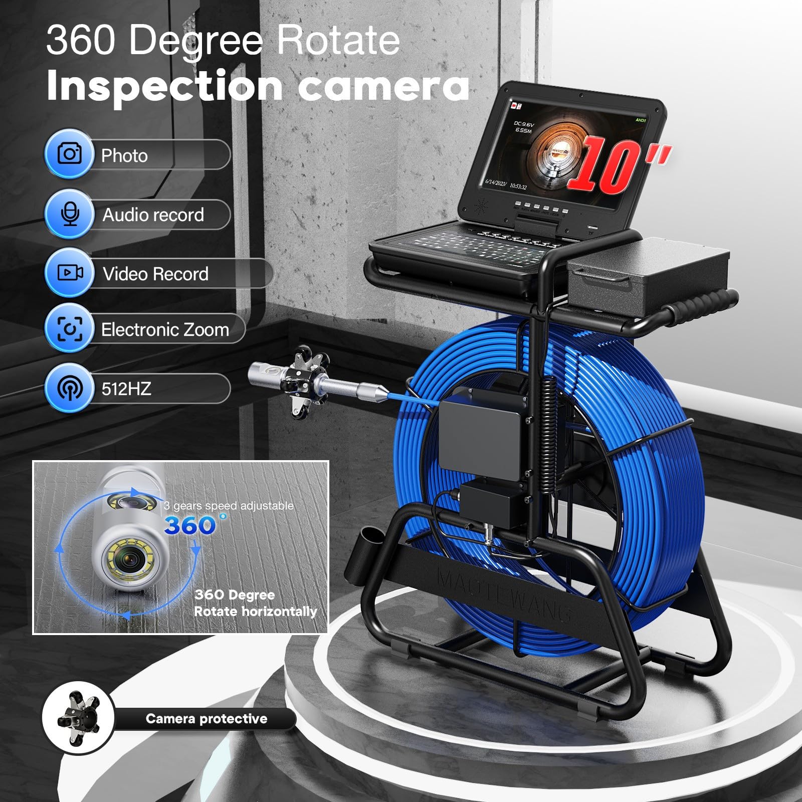 360° Rotate Dual Lens Sewer Drain Pipe Pipeline 2MP Camera Endoscope, 10