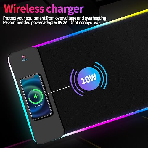 Miniatura 7 de Gaming Mouse Pad, Wireless Charging, 15W Fast Charging, 15 LED Light Modes, Extra Large 800x300mm, Non-Slip Rubber Base, Compatible with PC,