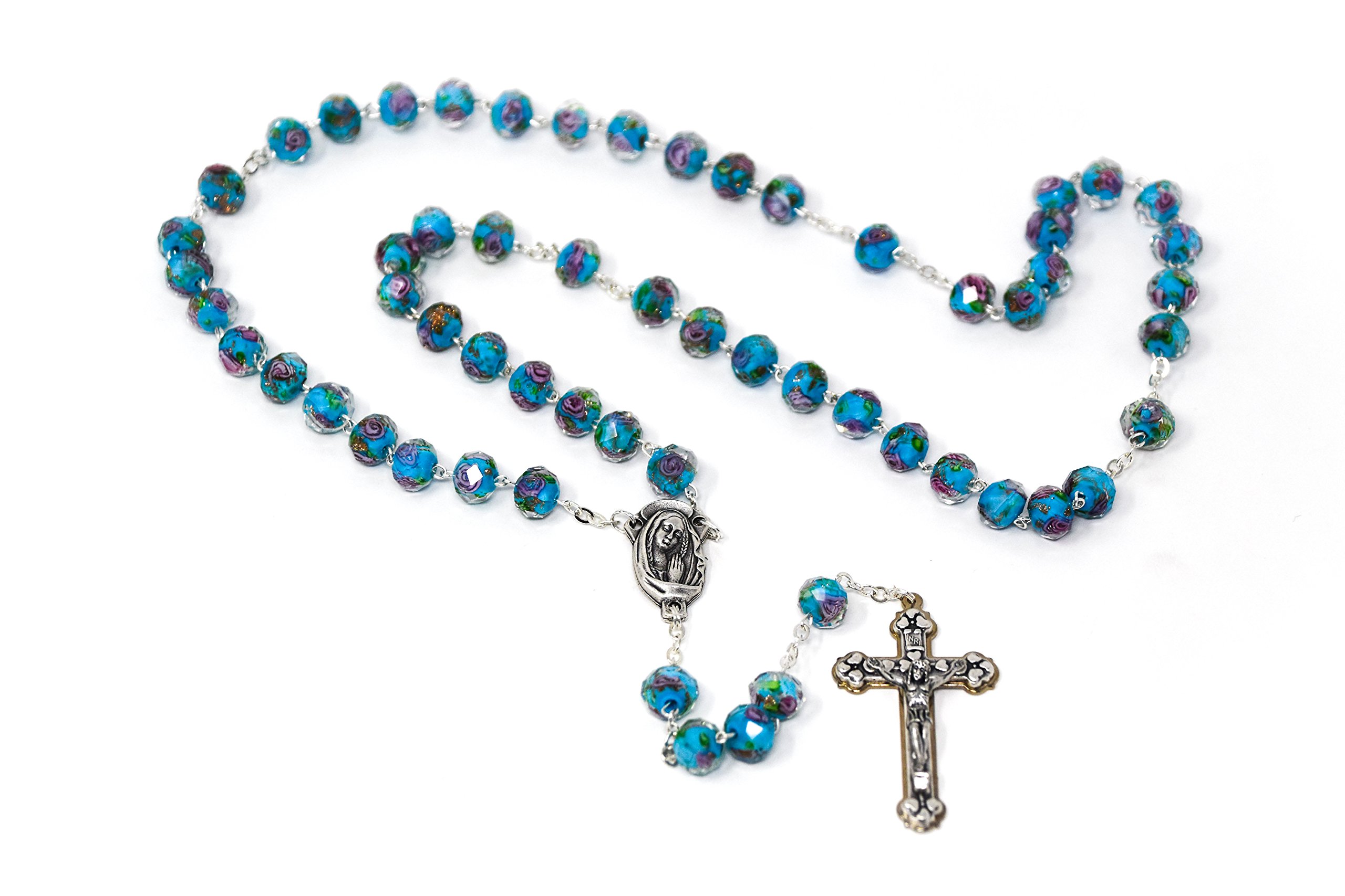 Turquoise Scapular Rosary Beads, Our Lady Mount Carmel & Sacred Heart of Jesus Junction Medal, Catho