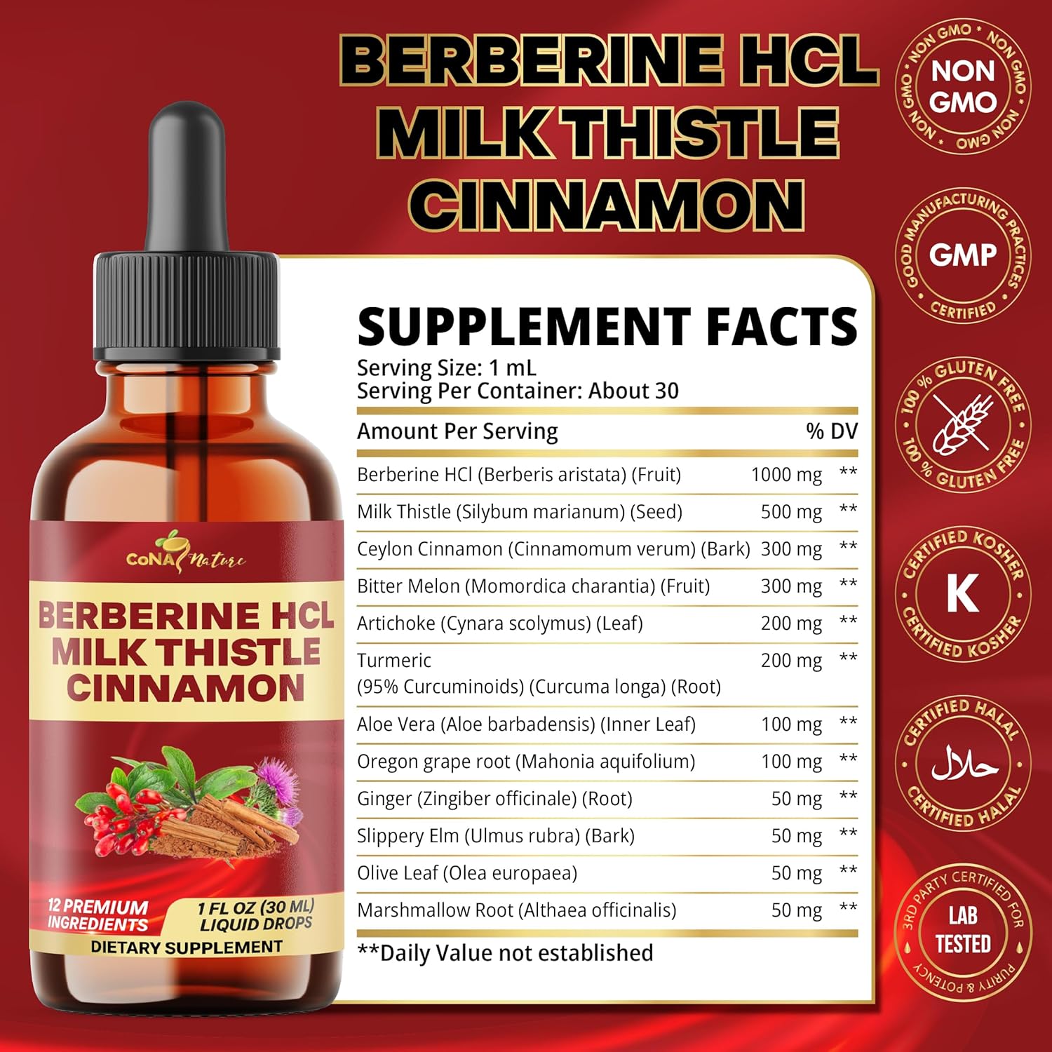 12in1 Berberine Liquid Drops with Milk Thistle, Ceylon Cinnamon, Bitter Melon, Turmeric, Aloe Vera, Ginger, Slippery Elm, Marshmallow Root & More to Digestive Health- 30 Days Supply - Image 2