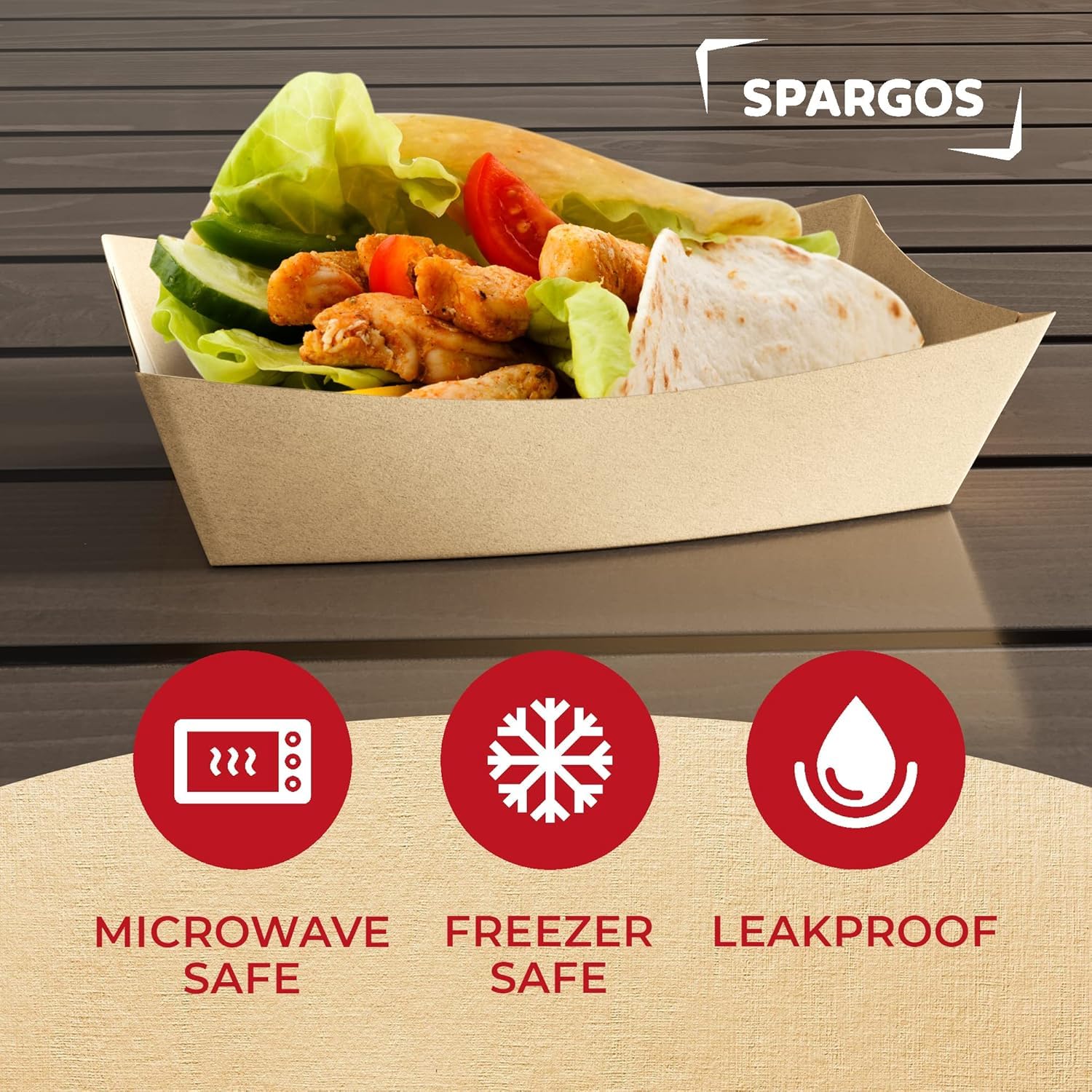 SPARGOS Bandejas de comida para fiestas 3LB marrón (250 uds) - Bandejas para hot dog a prueba de fugas y seguras para congelador - Cajas desechables de cartón para servir nachos, papas, cine.
