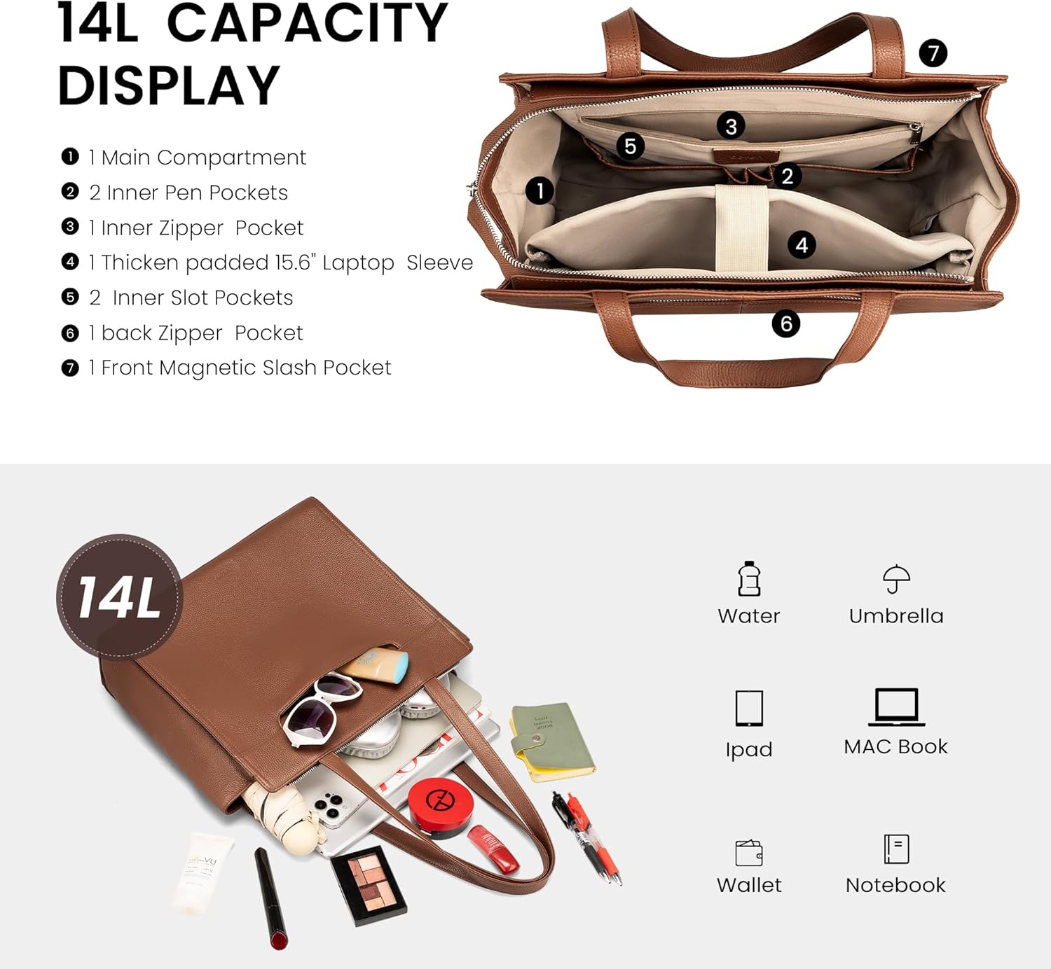 befen Genuine Leather Tote Bag for Women Work, Women's Tote Handbags Leather Shoulder Purses Satchel with Compartment - Image 5