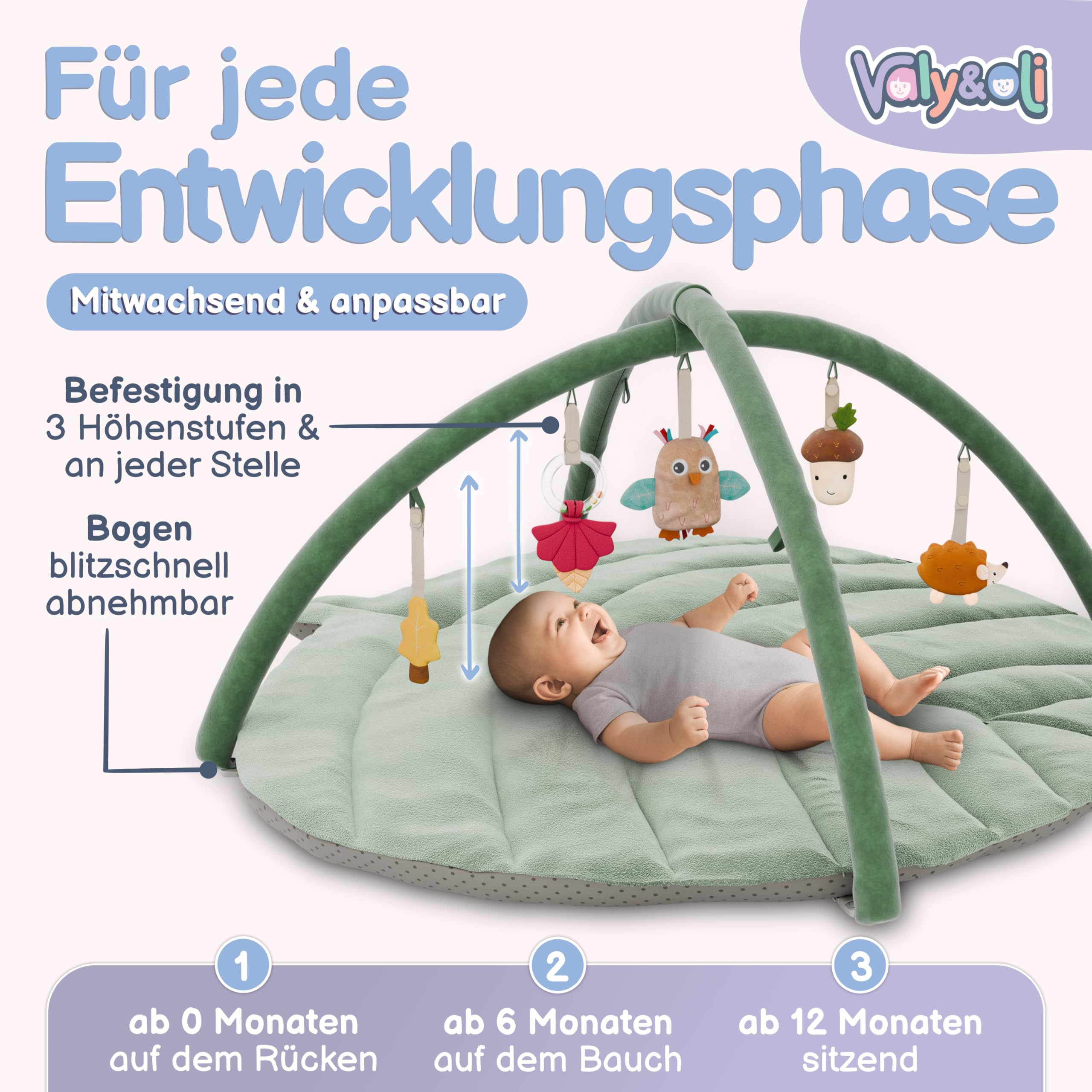 Valy&Oli® Spielbogen Baby XXL - Extra Weiche Spieldecke Baby inkl. 5 Höhenverstellbaren Sensorischen Spielzeugen - Spielebogen Babies zur Motorik & Sinnesförderung, Baby Play Mat & Baby Gym