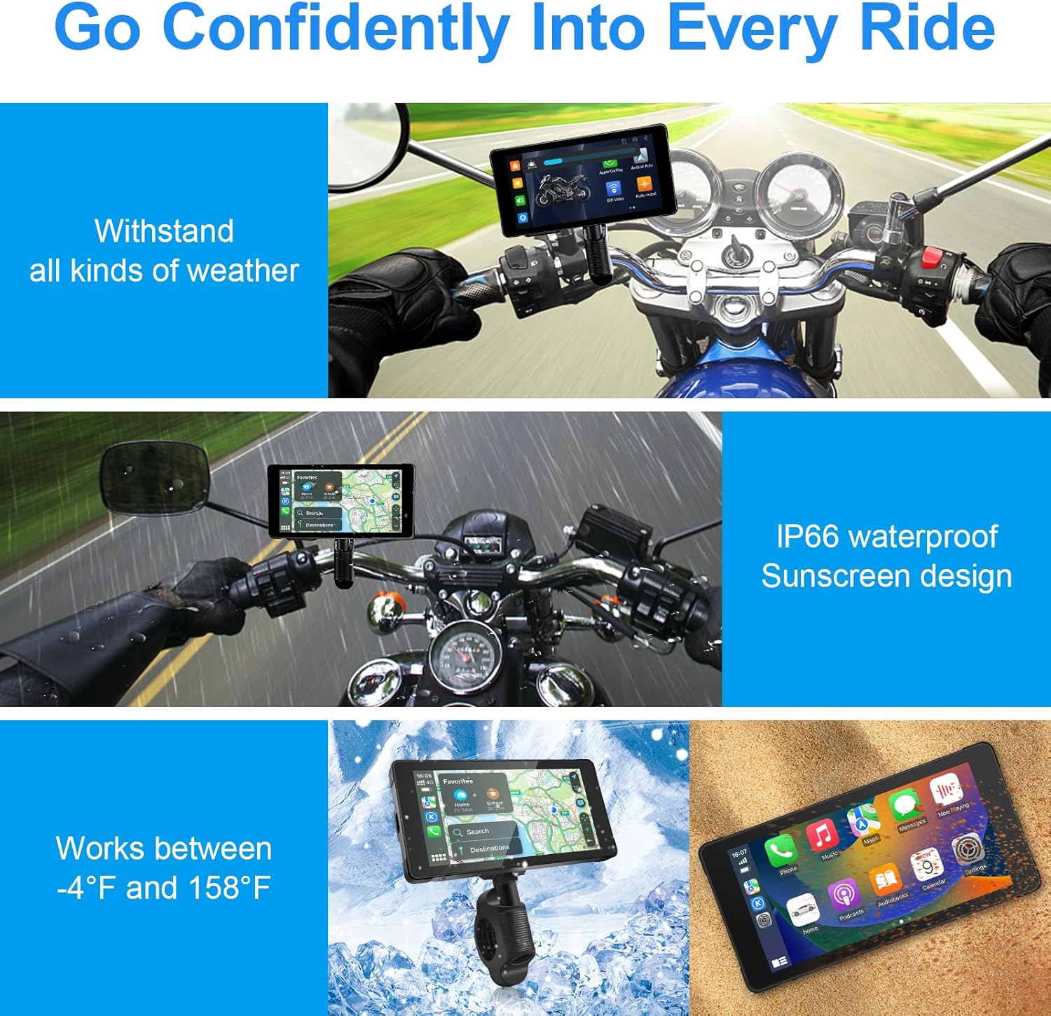 Collage of images showing the Tenbaba dash cam in various weather conditions, highlighting its IP66 waterproof and sunscreen design, and operation between -4°F and 158°F.