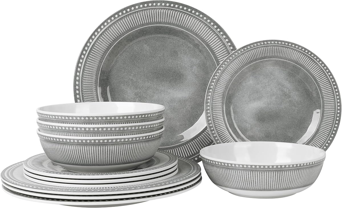 Melamine Dinnerware Set of 12 Pcs, Dinner Dishes Set for Indoor and Outdoor Use, Melamine Plates and Bowls Set for 4, Dishwasher Safe, Lightweight Unbreakable, BPA Free, Gray