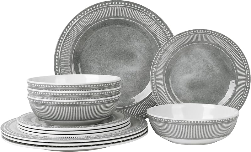 Melamine Dinnerware Set of 12 Pcs, Dinner Dishes Set for Indoor and Outdoor Use, Melamine Plates and Bowls Set for 4, Dishwasher Safe, Lightweight Unbreakable, BPA Free, Gray