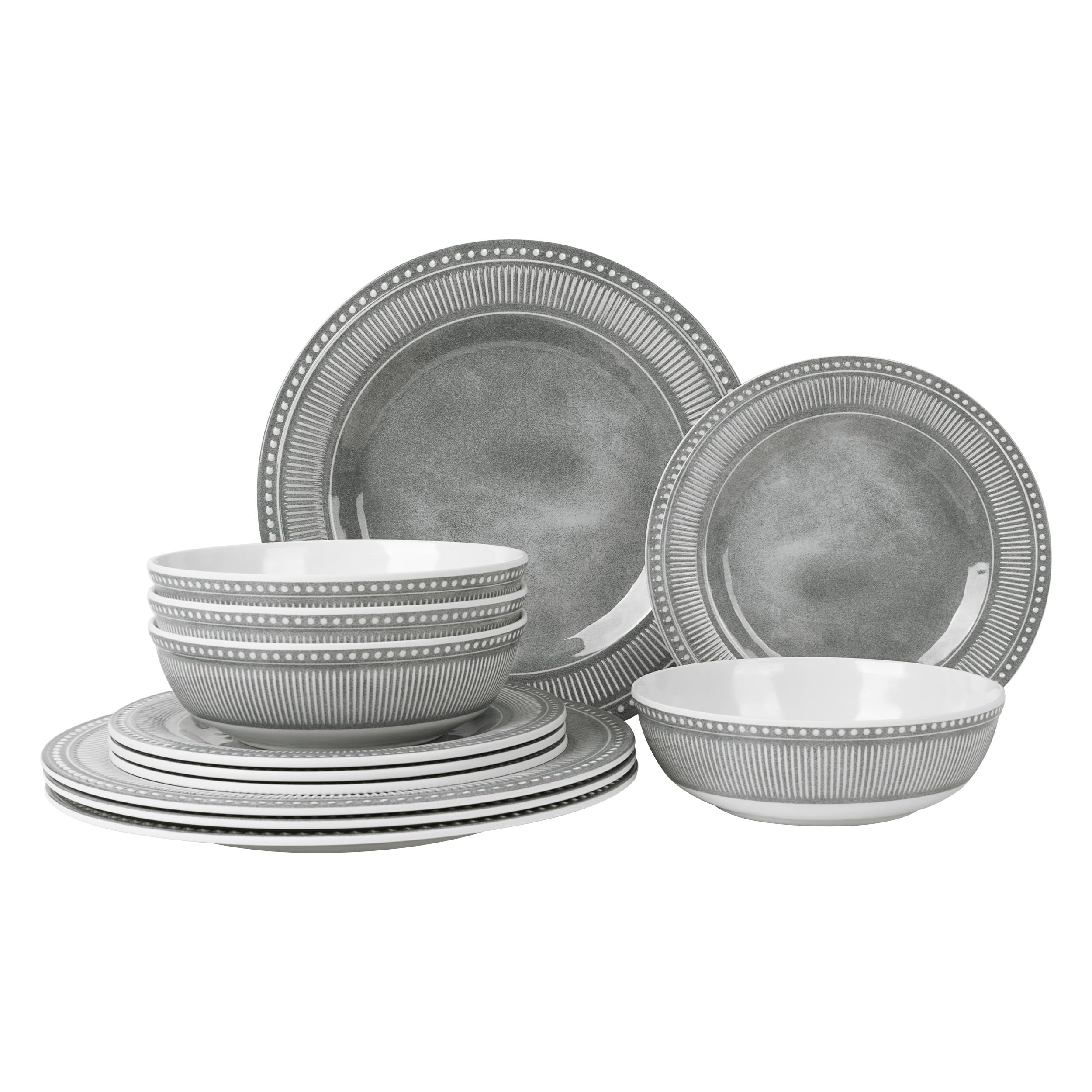 Aels Gray Melamine Dinnerware Set Of 12 Pcs, Dinner Dishes Set For Indoor And Outdoor Use, Melamine Plates And Bowls Set For 4, Dishwasher Safe, Lightweight Unbreakable, Bpa Free,