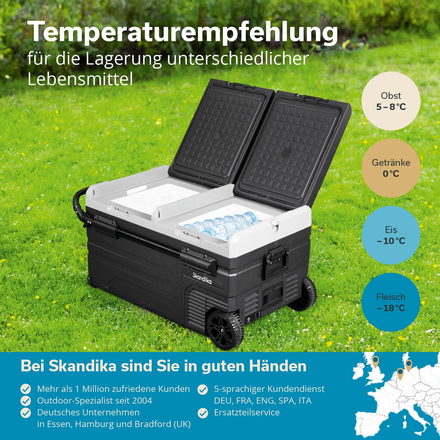 Skandika Samochodowa zamrażarka 35 do 55 l + 10 ° do -20 °C | kompresorowa lodówka ze ścianką działową, cicha praca, tryb ekologiczny, z wtyczką 12 V lub zasilaczem sieciowym do gniazdka, lodówka