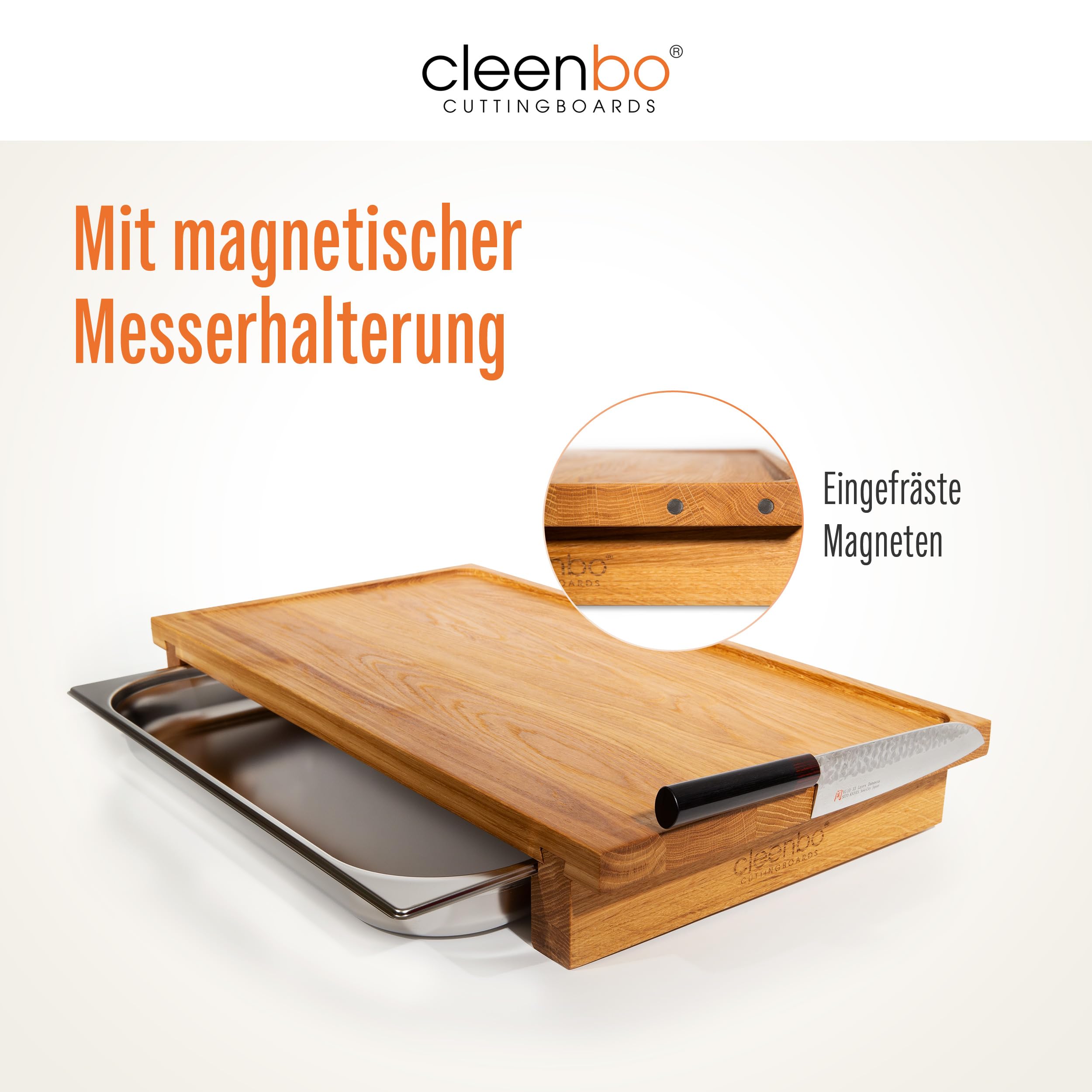 Schneidebrett Classic Oak Big bloc GN BBQ - Profi Holz Küchenbrett groß aus geölter Eiche - Hackbrett XXL mit Auffangschale - Edelstahl Auffangbehälter - Maße: 65 x 36 x 8,7 cm