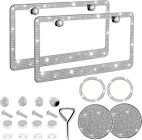 Marco de matrícula brillante, paquete de 2 marcos de matrícula con diamantes de imitación, soporte brillante para placa de matrícula de automóvil,