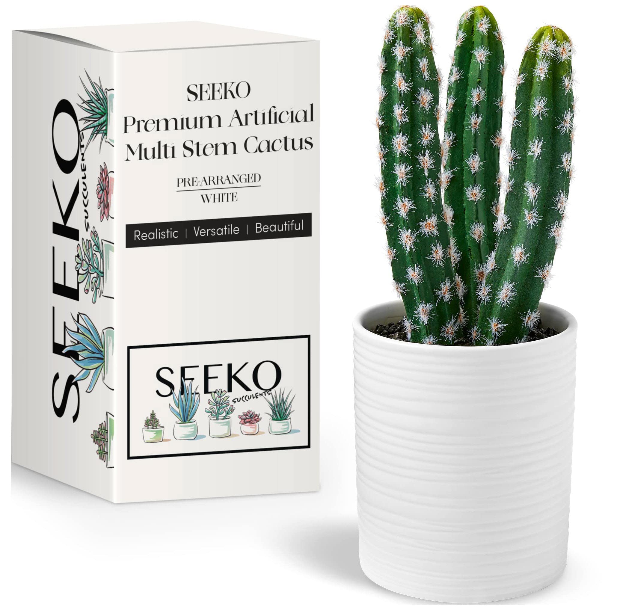 SEEKO SucculentsFake Cactus for Home Décor 11" - Artificial Faux Cactus for Southwest, Office, Desk, Shelf - Indoor Fake Plants - White Décor Accents - Modern Farmhouse Decor