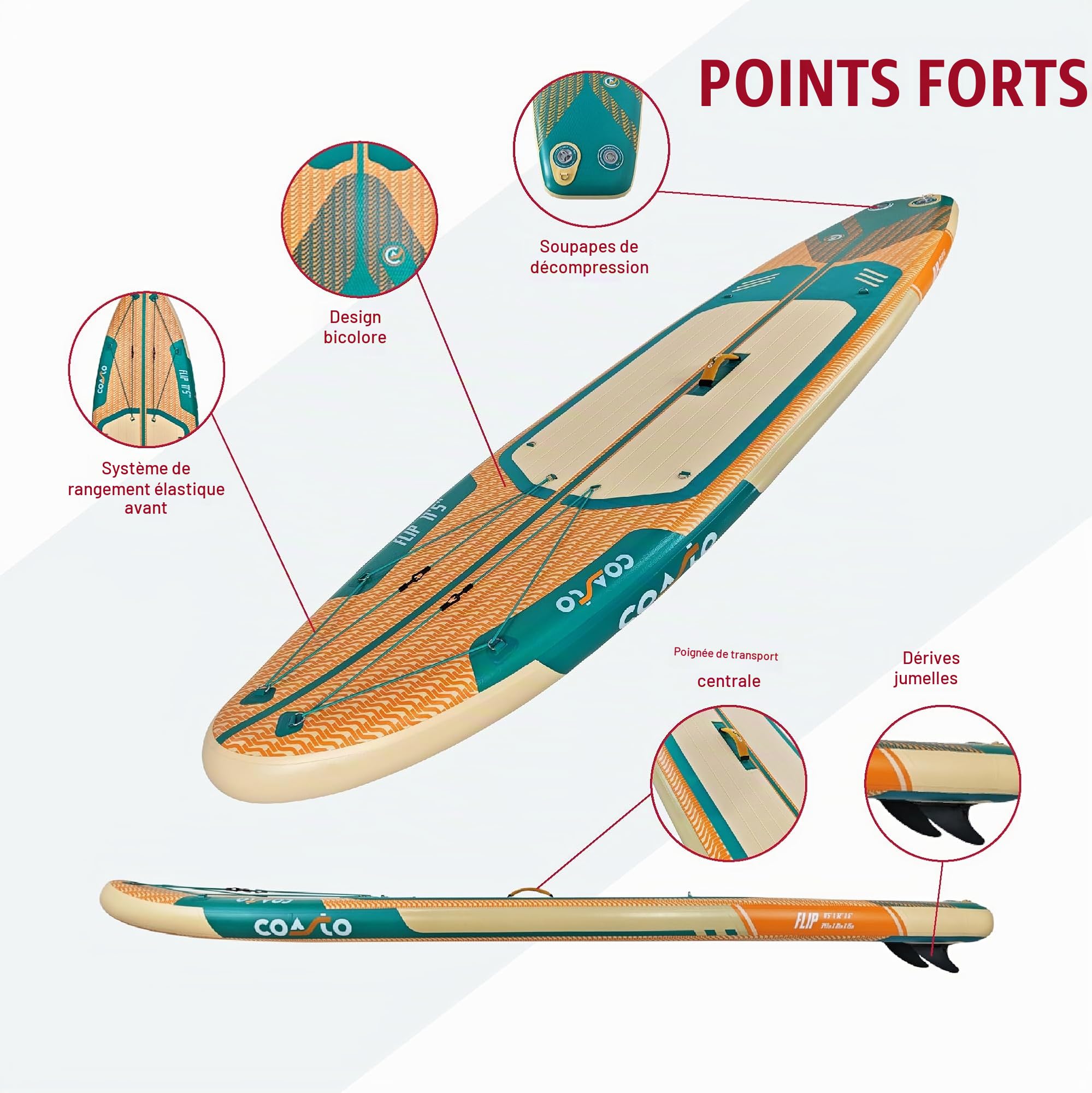 Coasto - Sup Stand Up Paddle Gonflable Coasto Flip 11'5 - PB-CFLIP115-348x81x15cm Dropstitch Woven - Pack Complet : Pagaie Hybride Carbone Leash Pompe Sac de Transport - Jusqu'à 150kg - Orange
